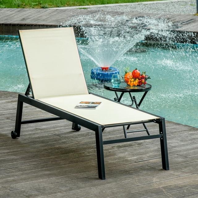 Outsunny Chaise Lounge Outdoor Pool Chair with Wheels, Five Position Recliner for Suntanning, Sunbathing, Steel Frame, Breathable Fabric, Cream White