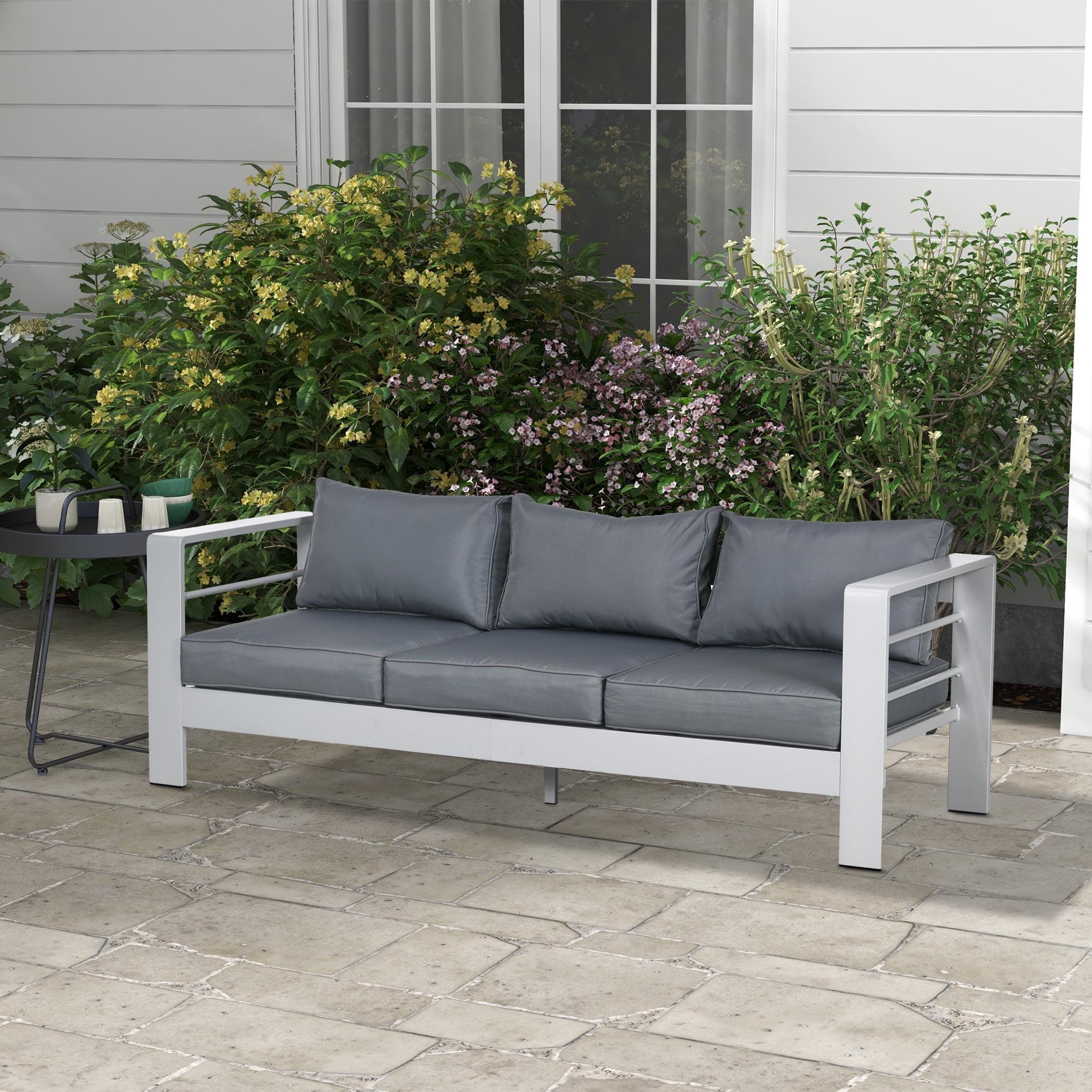 Outsunny Aluminum Cushioned Patio Furniture, Wide Armrests Outdoor Sofa, for Garden, Balcony