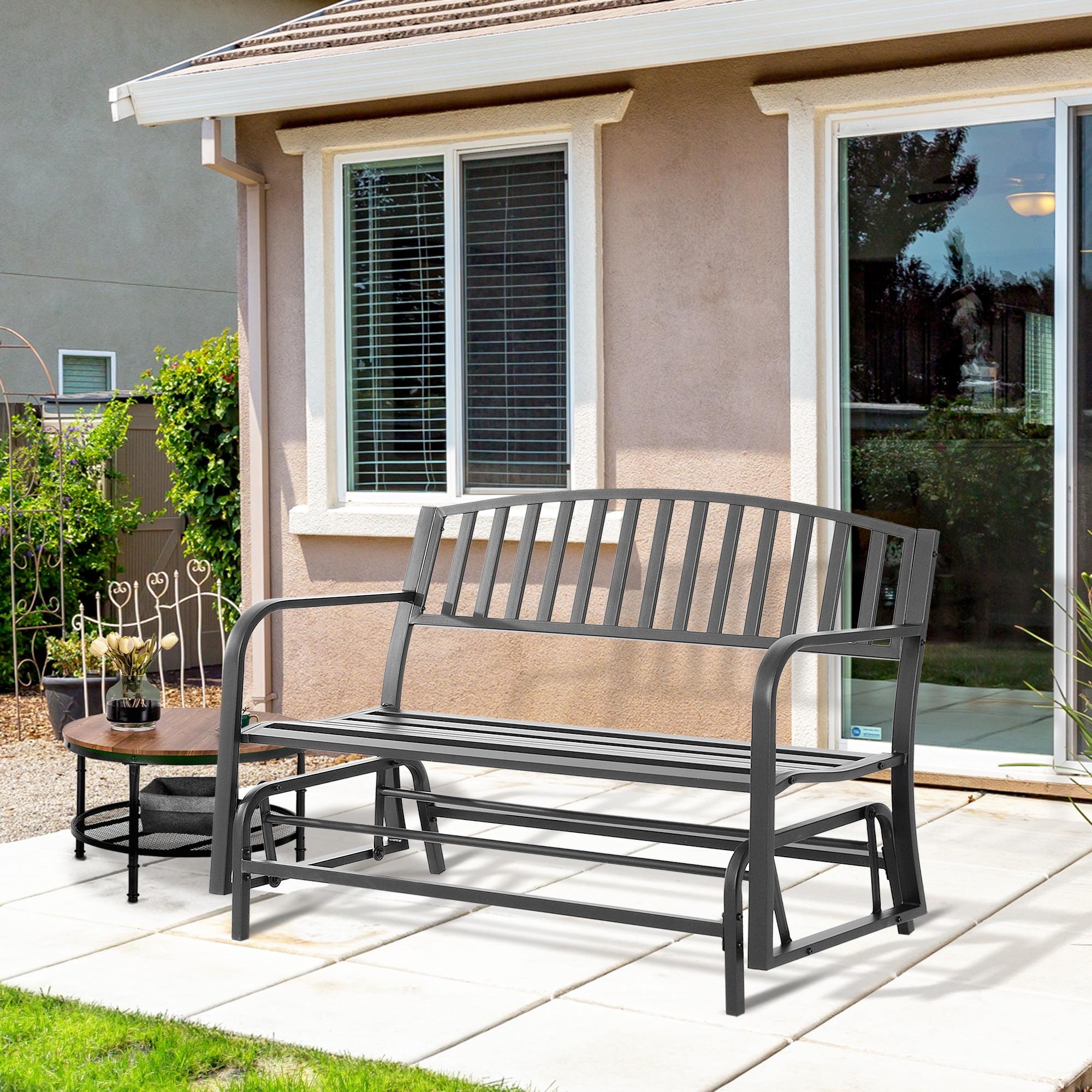 Outdoor Loveseat Glider Bench with Curved Armrests in Powder-Coated Black Steel