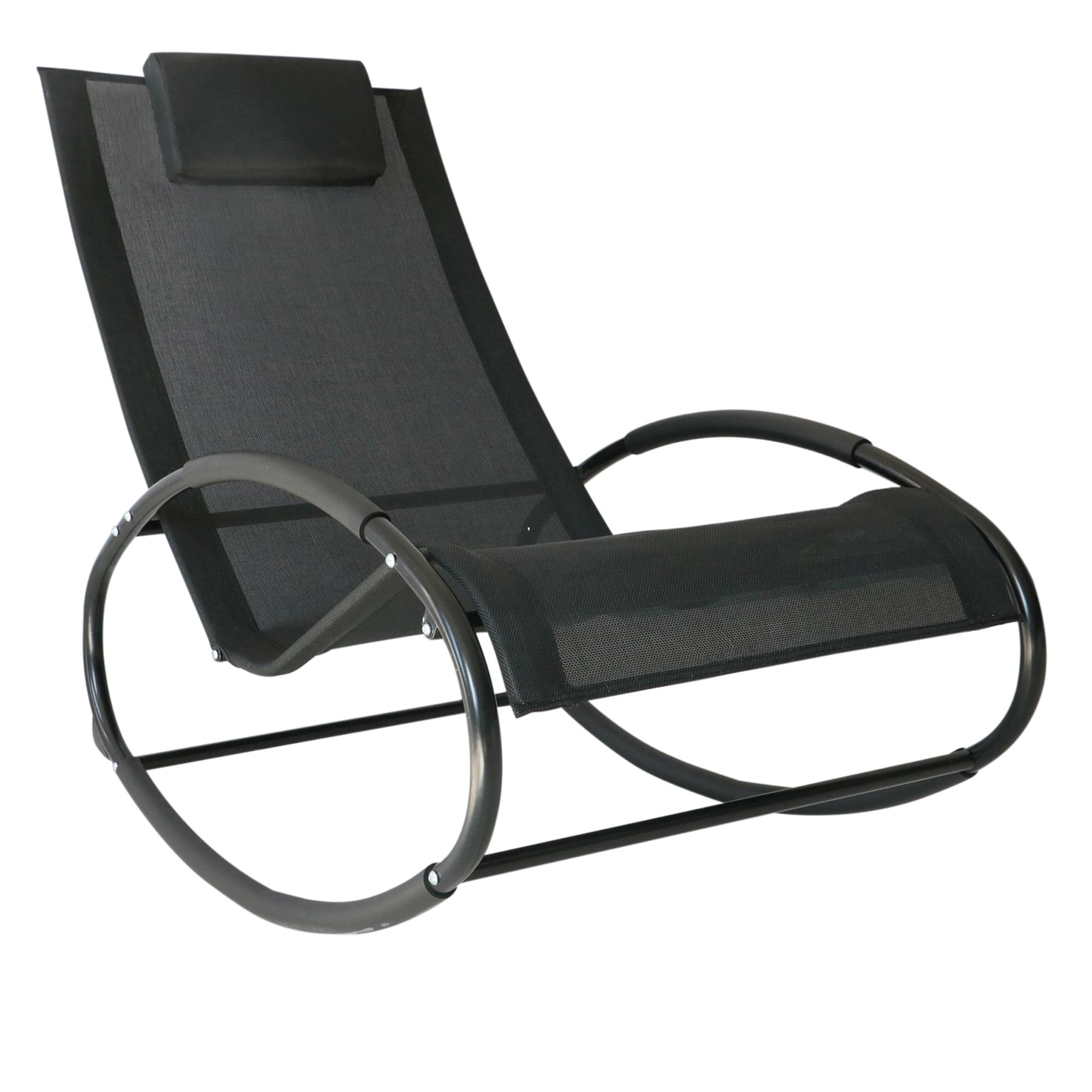 Serenity Black Steel Outdoor Rocking Lounger with Breathable Mesh and Pillow