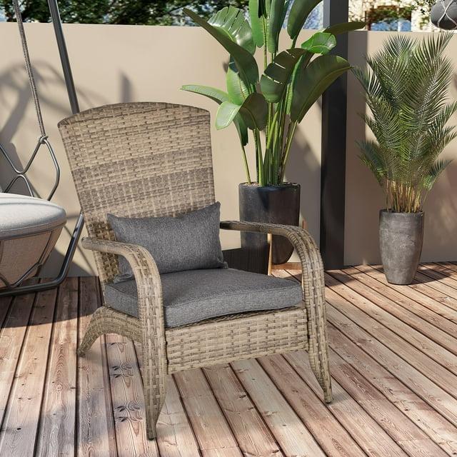 Outsunny Patio Adirondack Chair with All-Weather Rattan Wicker, Soft Cushions, Tall Curved Backrest for Deck or Garden, Light Gray