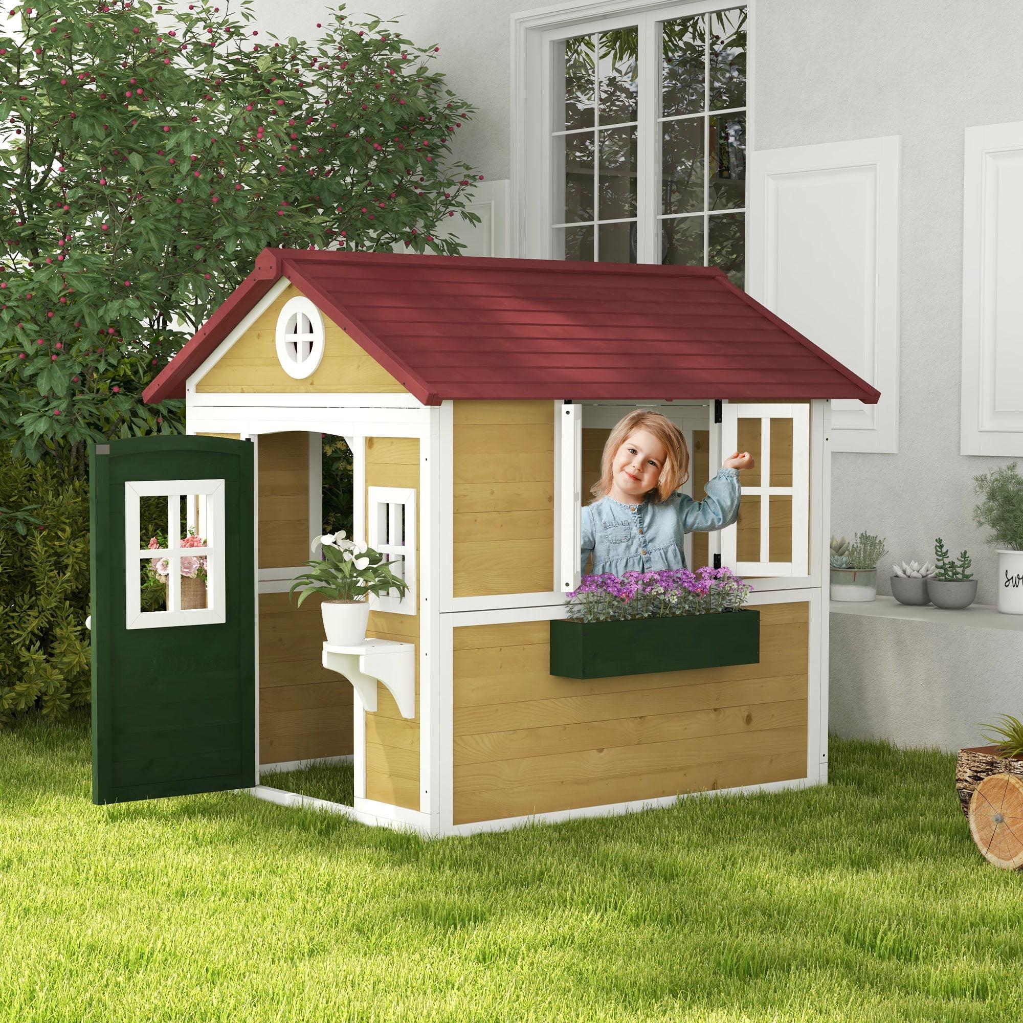 Beige Wooden Outdoor Playhouse with Red Roof and Planter Boxes