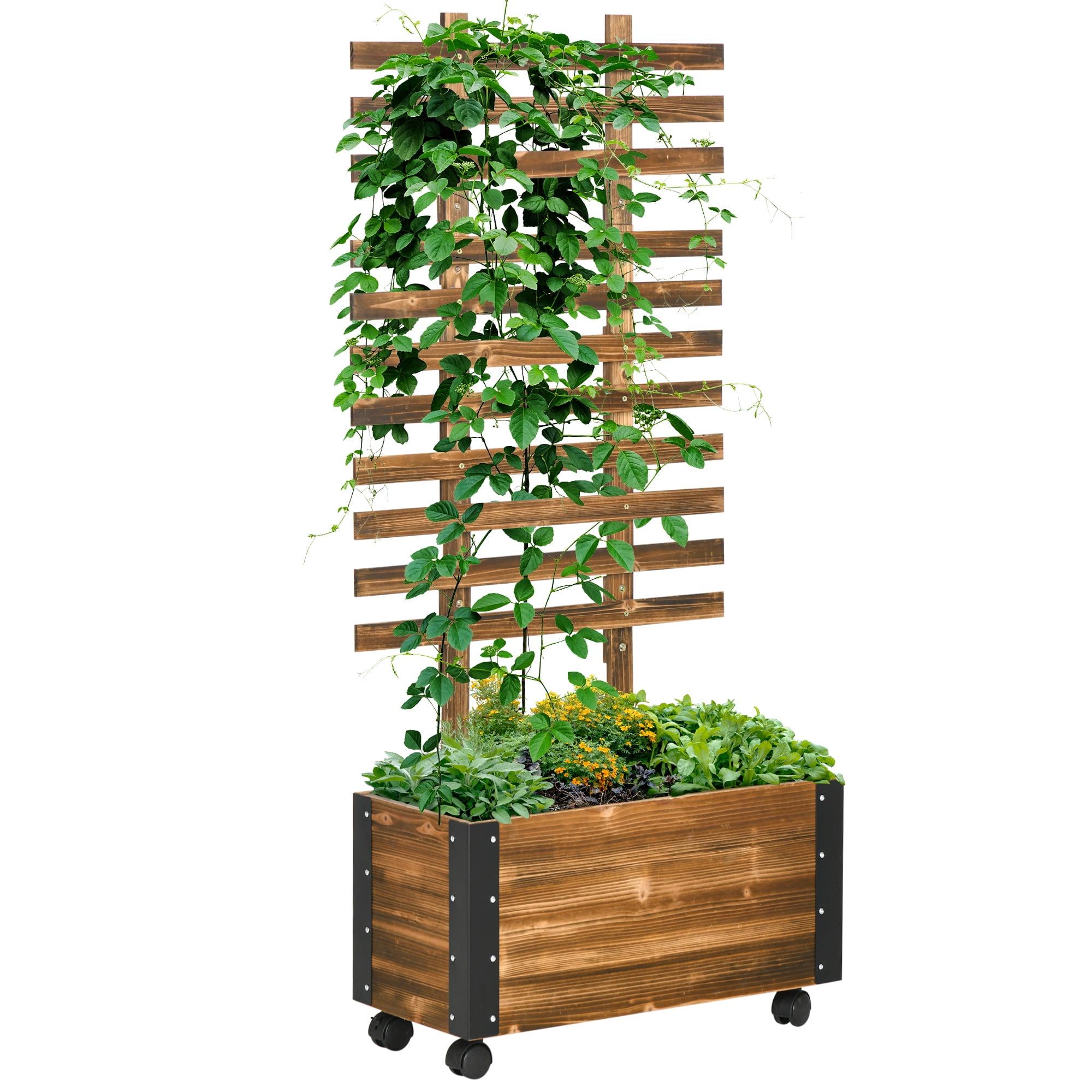 Carbonized Fir Wood Raised Garden Bed with Trellis and Wheels