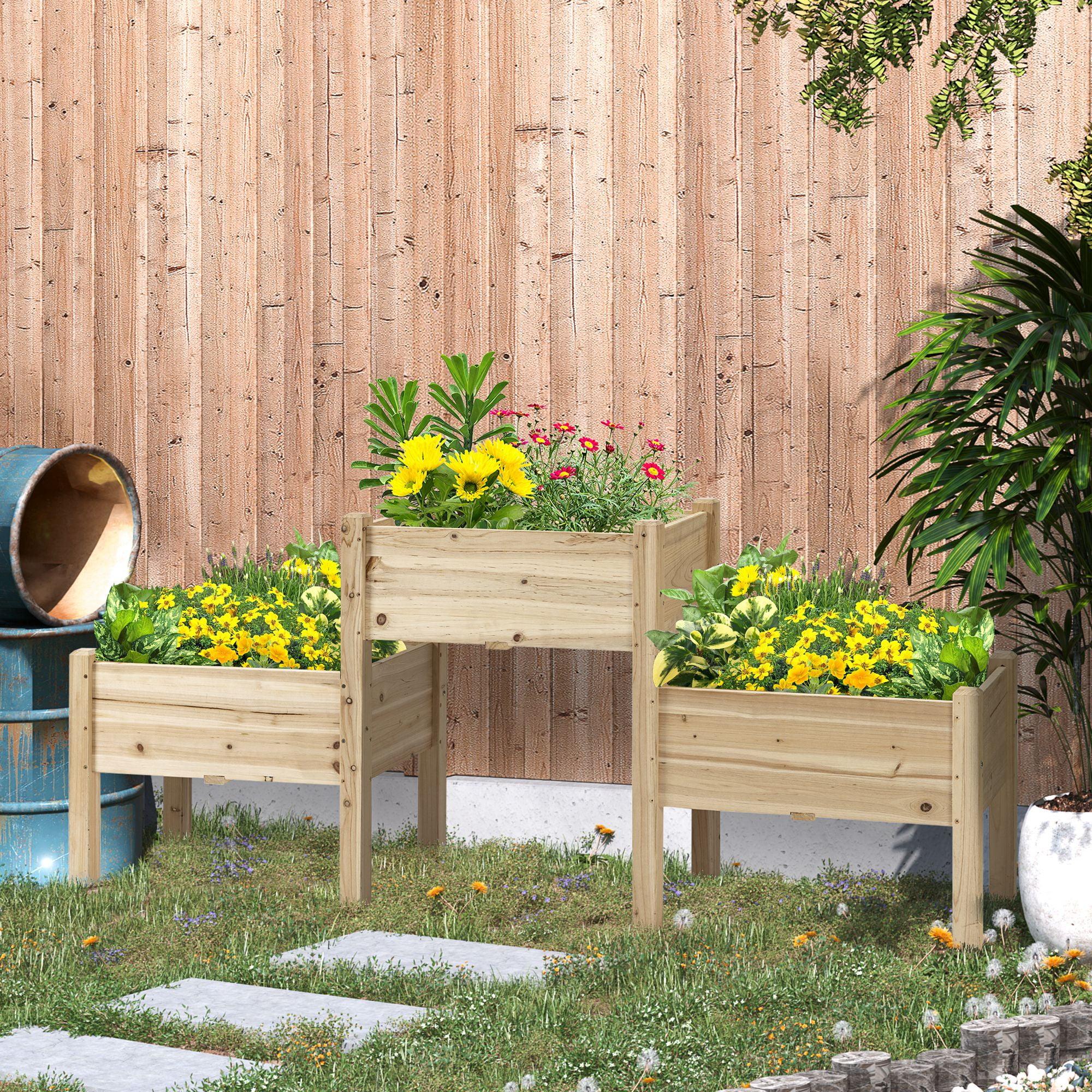 Outsunny 73" x 18" x 32" Raised Garden Bed w/ Three Elevated Planter Box, Freestanding Wooden Plant Stand for Vegetables, Herb, Flowers, Natural