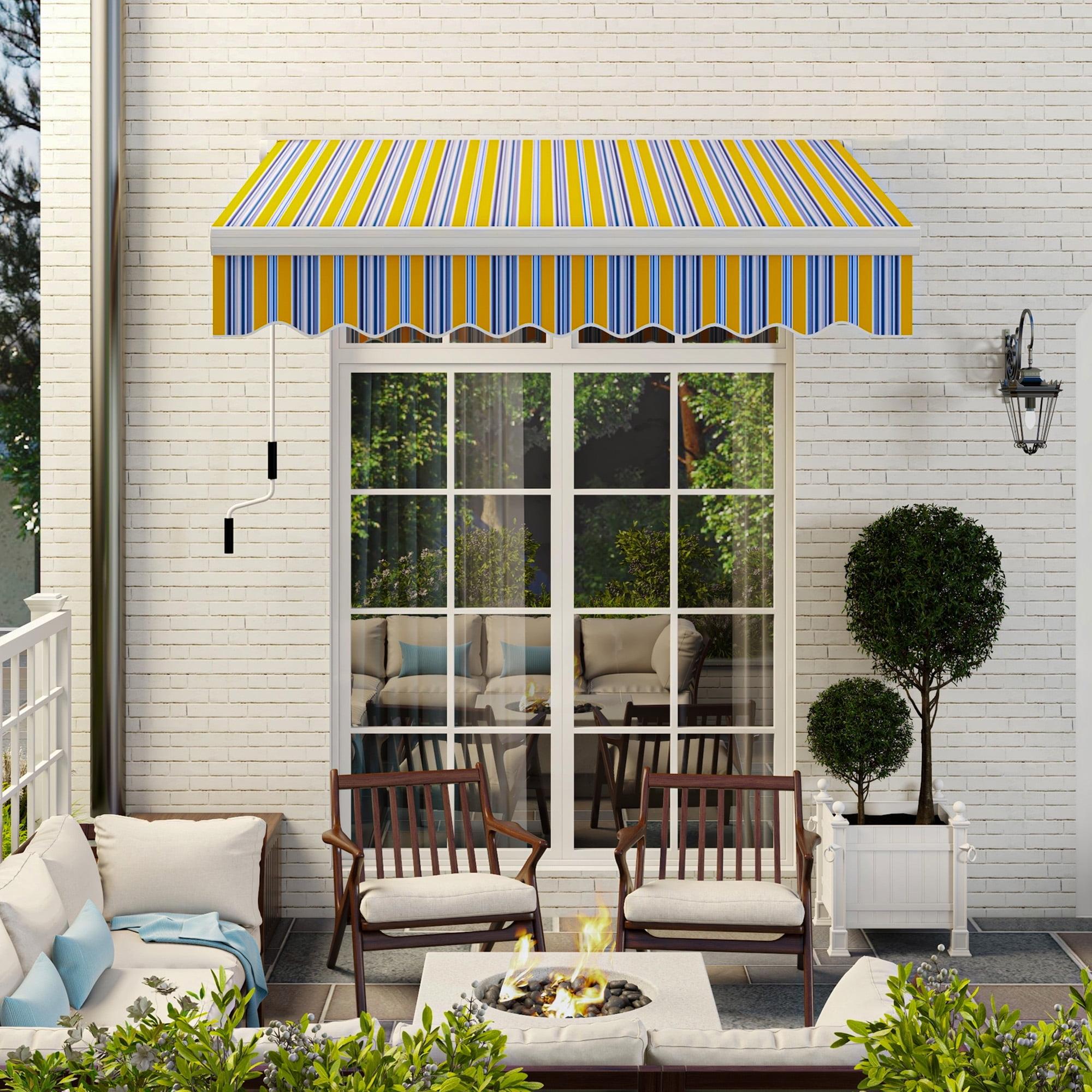 Outsunny 8' Yellow and Blue Striped Retractable Patio Awning