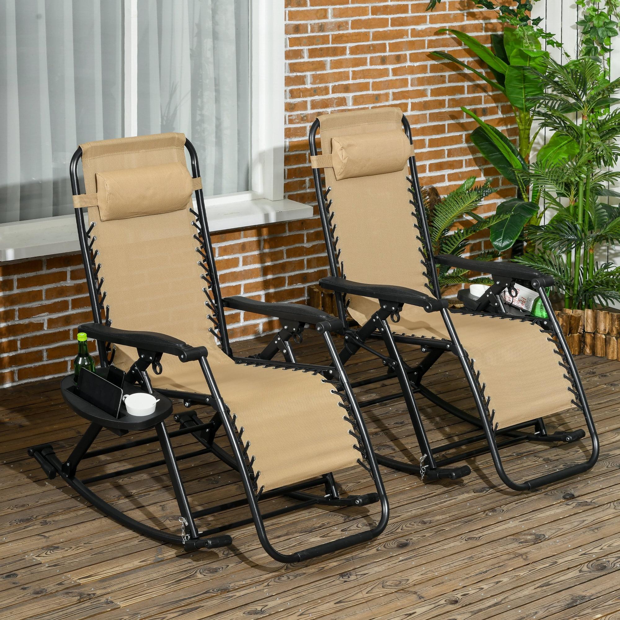 Outsunny 2 Outdoor Rocking Chairs Foldable Reclining Zero Gravity Lounge Rockers w/ Pillow Cup & Phone Holder, Combo Design w/ Folding Legs, Beige