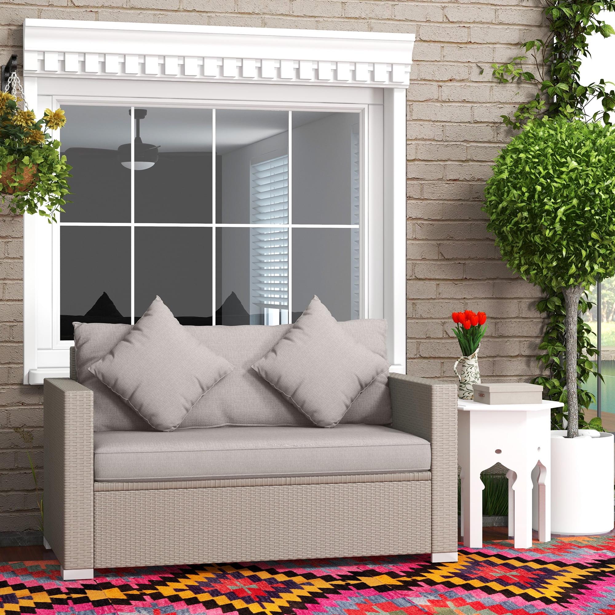 Gray Wicker Outdoor Loveseat with Cushions and Throw Pillows