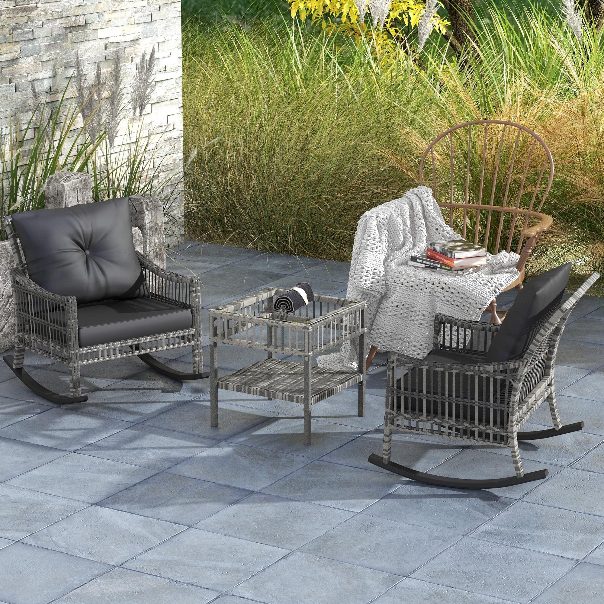 Outsunny Wicker Outdoor Rocking Chair Set, 3 Piece Patio Furniture Set with Padded Cushions and Storage Table, 2-Seater Rattan Bistro Set, Gray