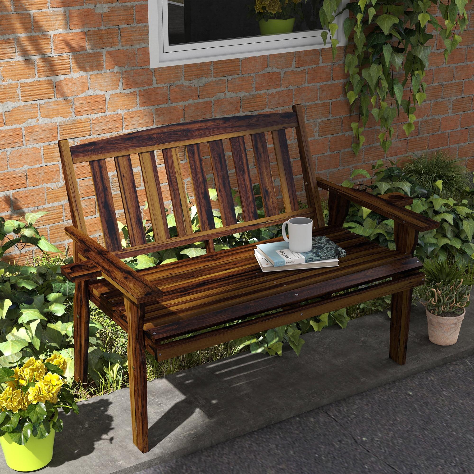 Outsunny Wood Outdoor Bench, 2-Person Garden Bench with Cupholder Armrests, Slatted Seat and Backrest, Park Bench for Patio, Porch, Lawn, Carbonized