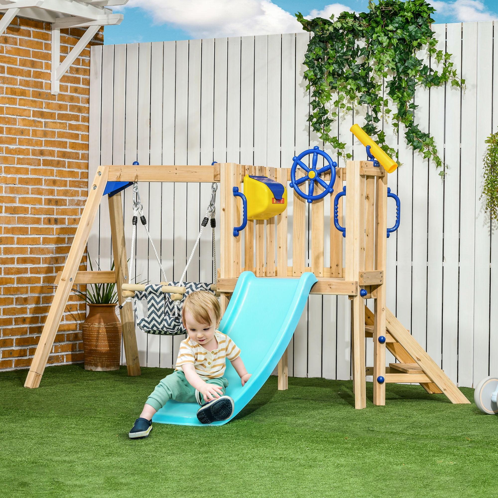 Outsunny Wooden Outdoor Playset with Baby Swing Seat, Toddler Slide, Wheel, Telescope, Backyard Playground Set, Kids Playground Equipment, Ages 1.5-4