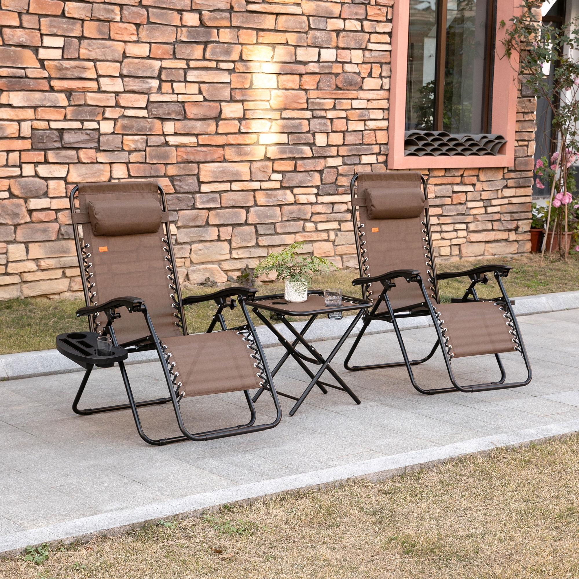 Brown Steel Mesh Folding Zero Gravity Lounger Chair Set with Table