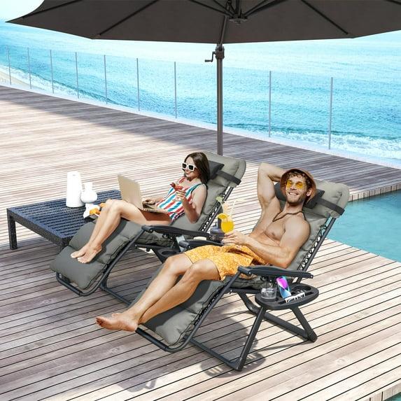 Outsunny Zero Gravity Lounge Chair Set of 2 Reclining Folding Outdoor Lounge Chairs with Cushion, Headrest, and Side Tray for Patio, Beach, Gray