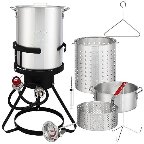 30 Qt Turkey Deep Fryer & 10QT Fish Fryer Kit w/Baskets,Aluminum Fish & Seafood Boiler Steamer with 54,000 BTU Propane Gas Burner Stand Injector Thermometer Hose