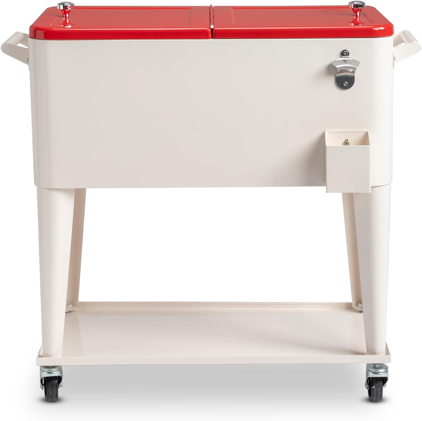 80QT Rolling Cooler Cart with Lockable Wheels, Portable Beverage Bar, Stand-Up Cooler Trolley with Open Shelf and Drainage Cap for Outdoor Activity - Includes Bottle Opener & Bottle Cap Catcher, Red