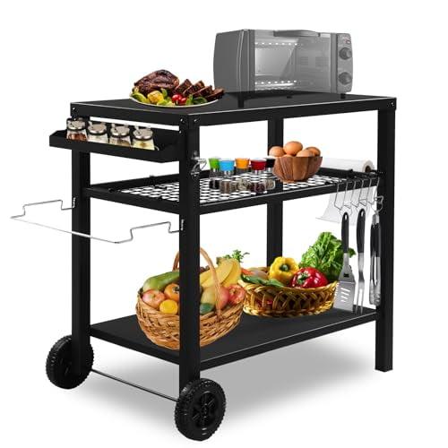 Outvita Outdoor Grill Cart, Movable Food Prep and Work Cart Table, Pizza Oven Stand Table with Wheels, Indoor & Outdoor Multifunctiona BBQ Cart with Mesh Racks for Home Party Camping