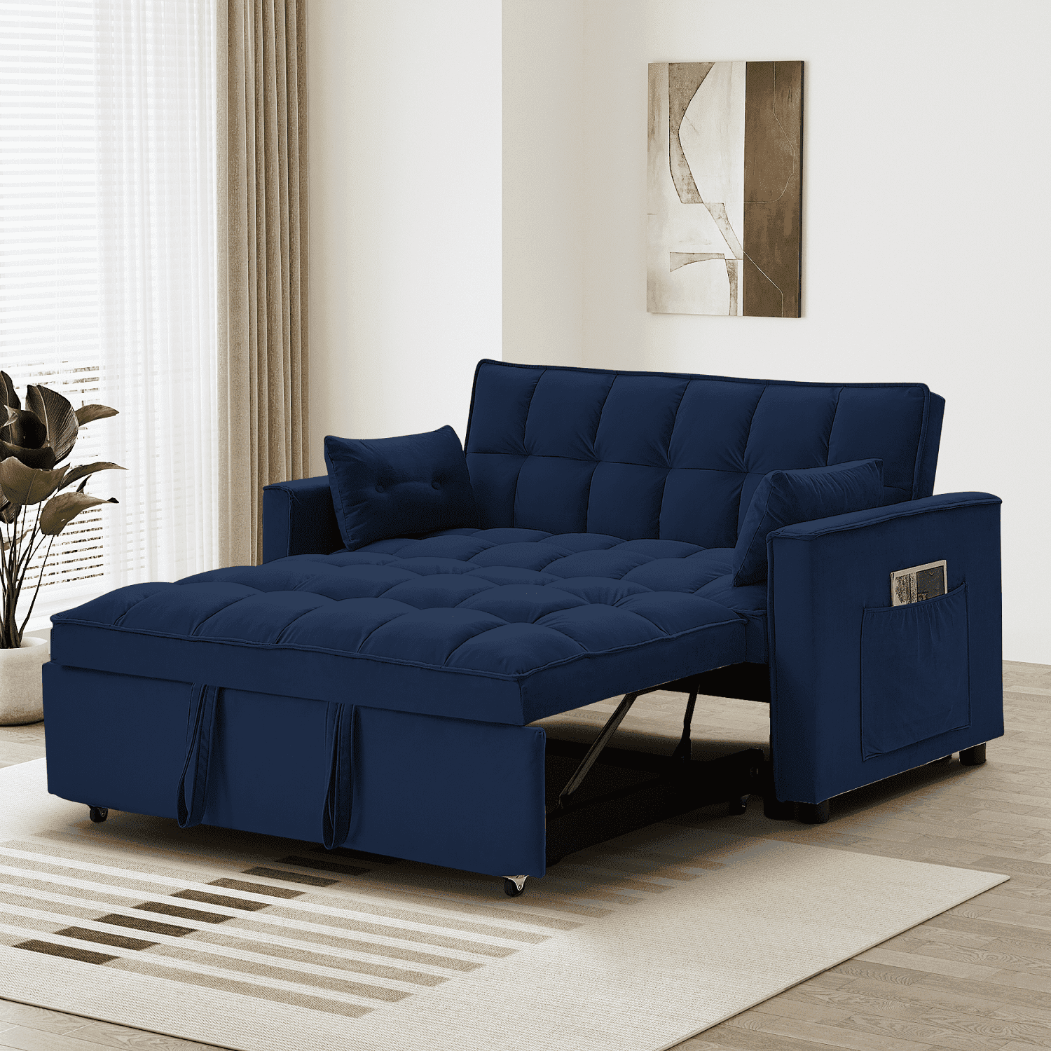 Blue Velvet Tufted Sleeper Sofa with Storage and Reclining Backrest