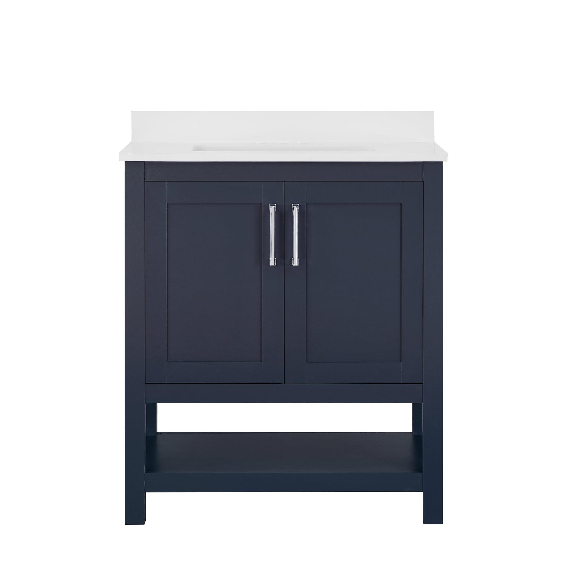 Midnight Blue Freestanding Bathroom Vanity with Marble Top, 30 Inch