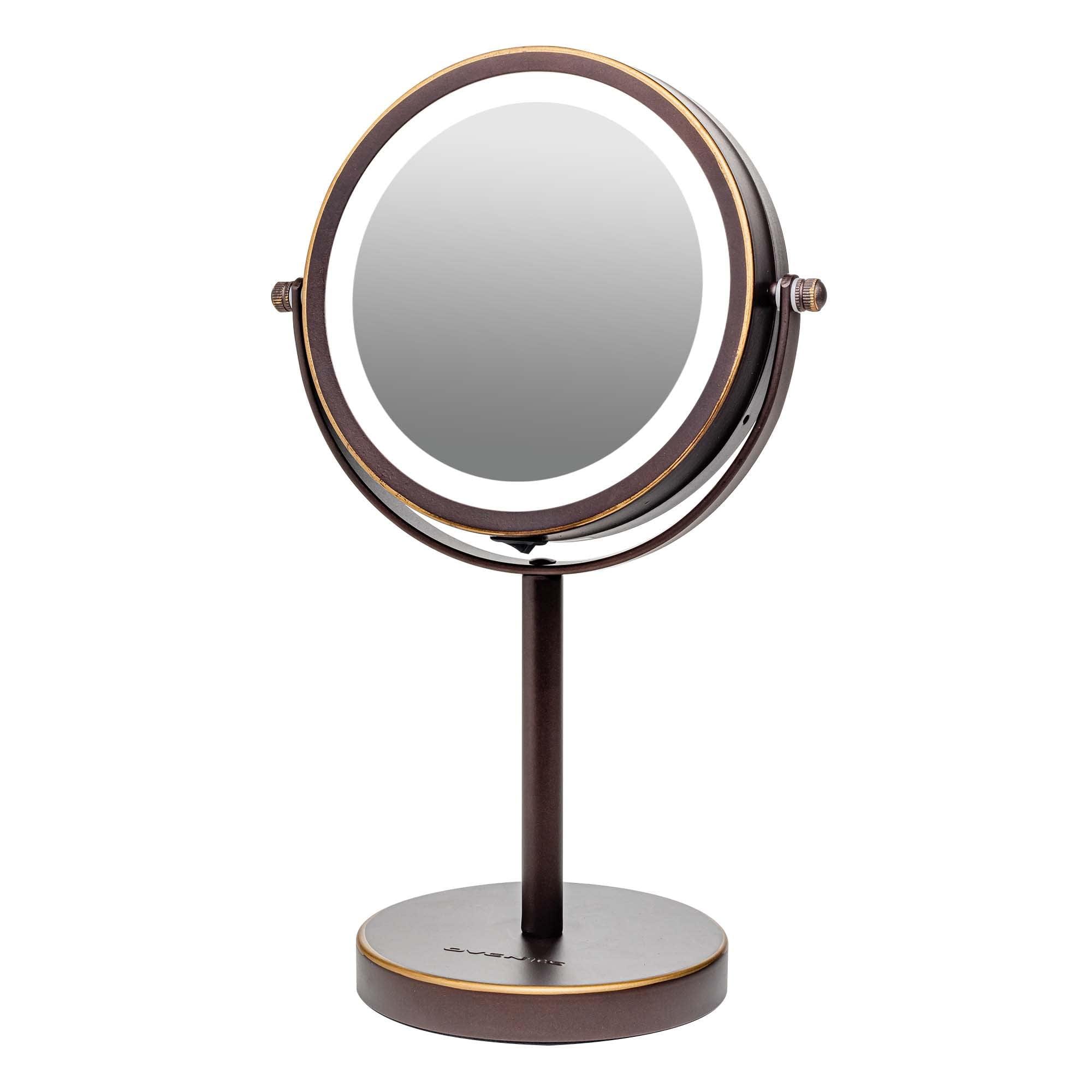 Ovente Lighted Vanity Mirror 6 Inch Table Top 1X 7X Magnification LED 360 Adjustable Double Sided Spinning Personal Makeup Stand Desk Bathroom Battery Powered Circle Large Antique Bronze MLT60ABZ1X7X