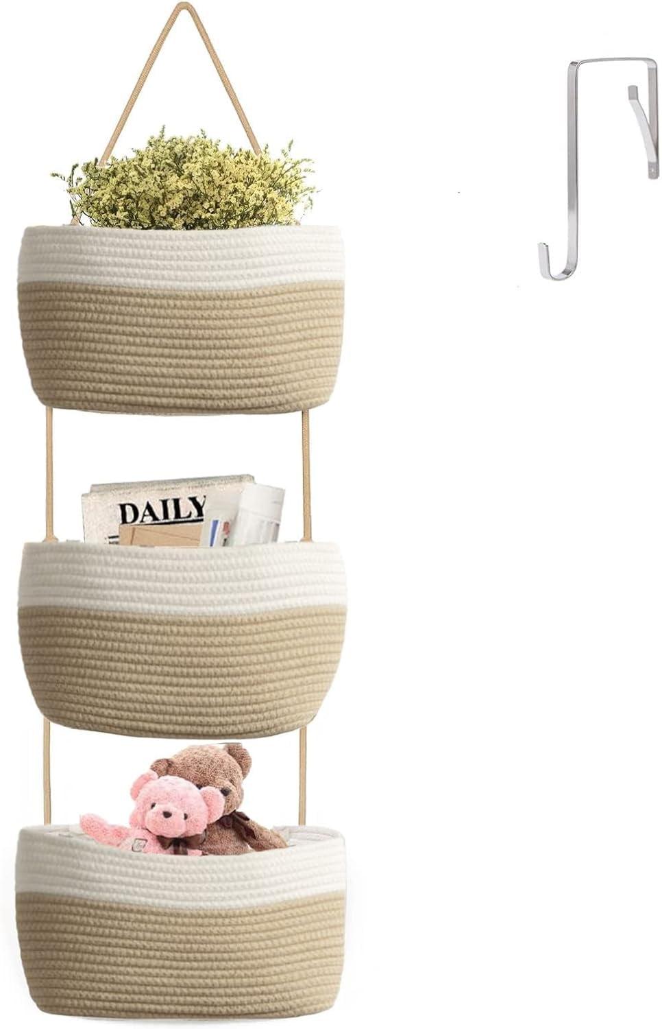 TeoKJ Over the Door Hanging Baskets with Button Strap, 3-Tier Woven Cotton Storage Organizer Bag, Wall-Mounted with Hook Decorative Hanging Kitchen Baskets - White