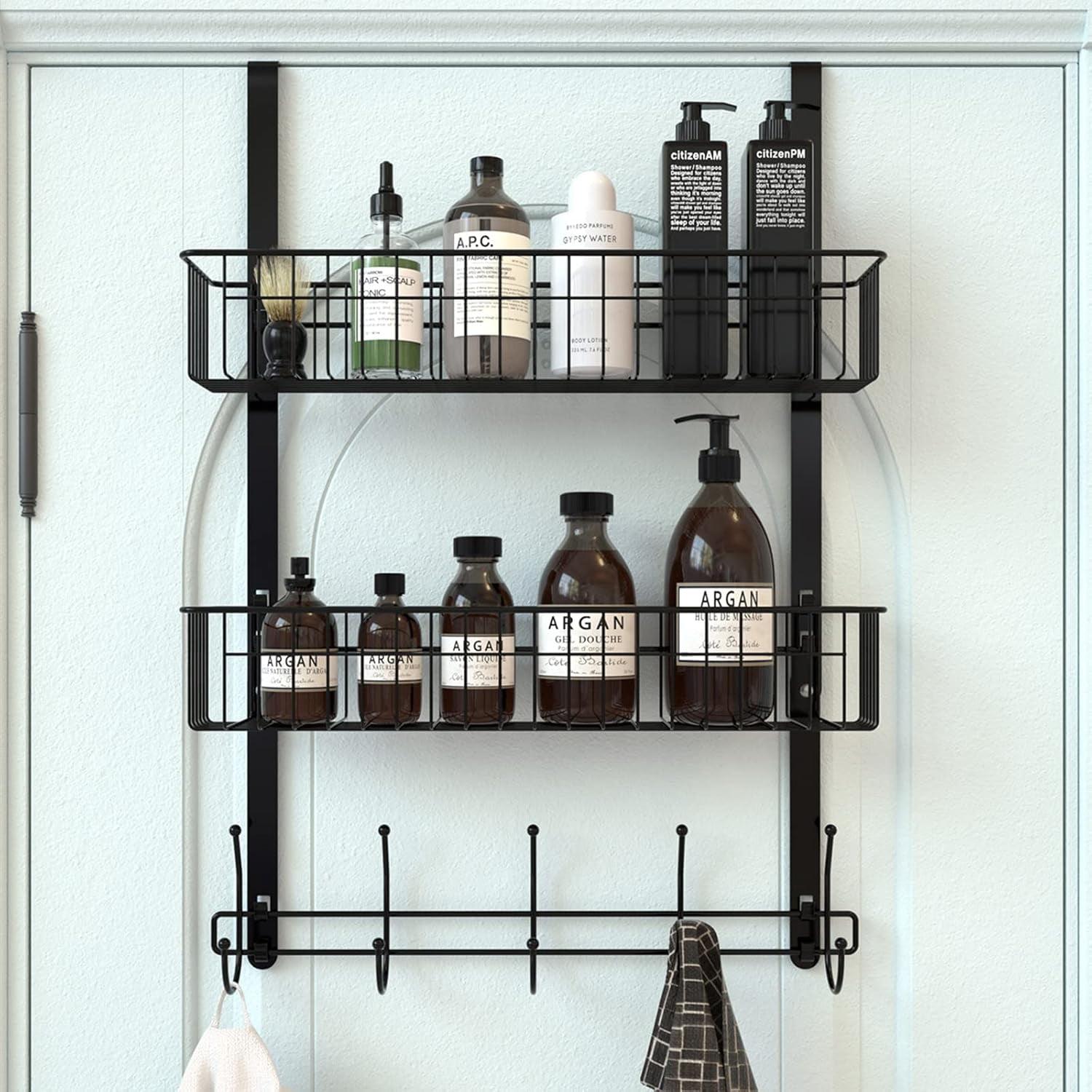 Black Matte Over Door Organizer with Hooks and Baskets