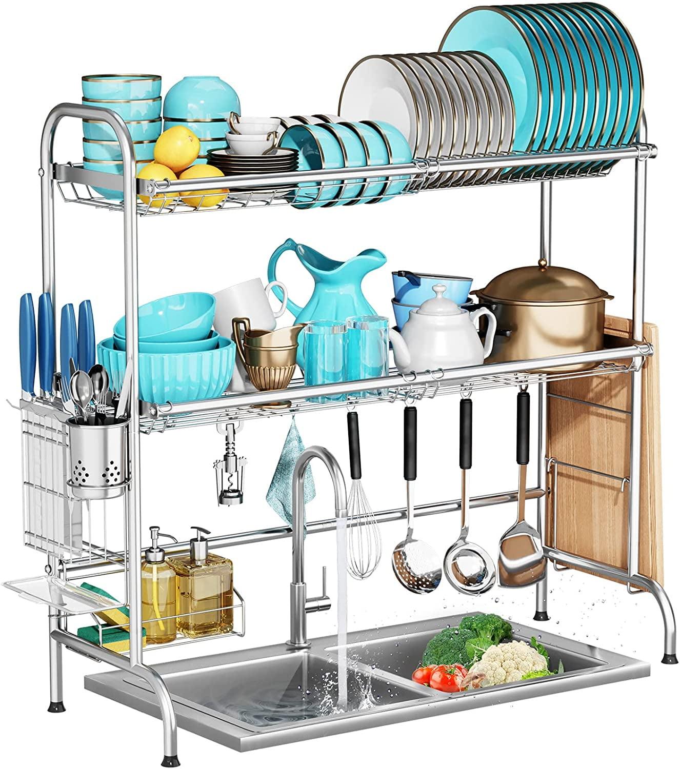 Over The Sink Dish Drying Rack, 2-Tier Stainless Steel Large Over The Sink Dish Rack with Utensil