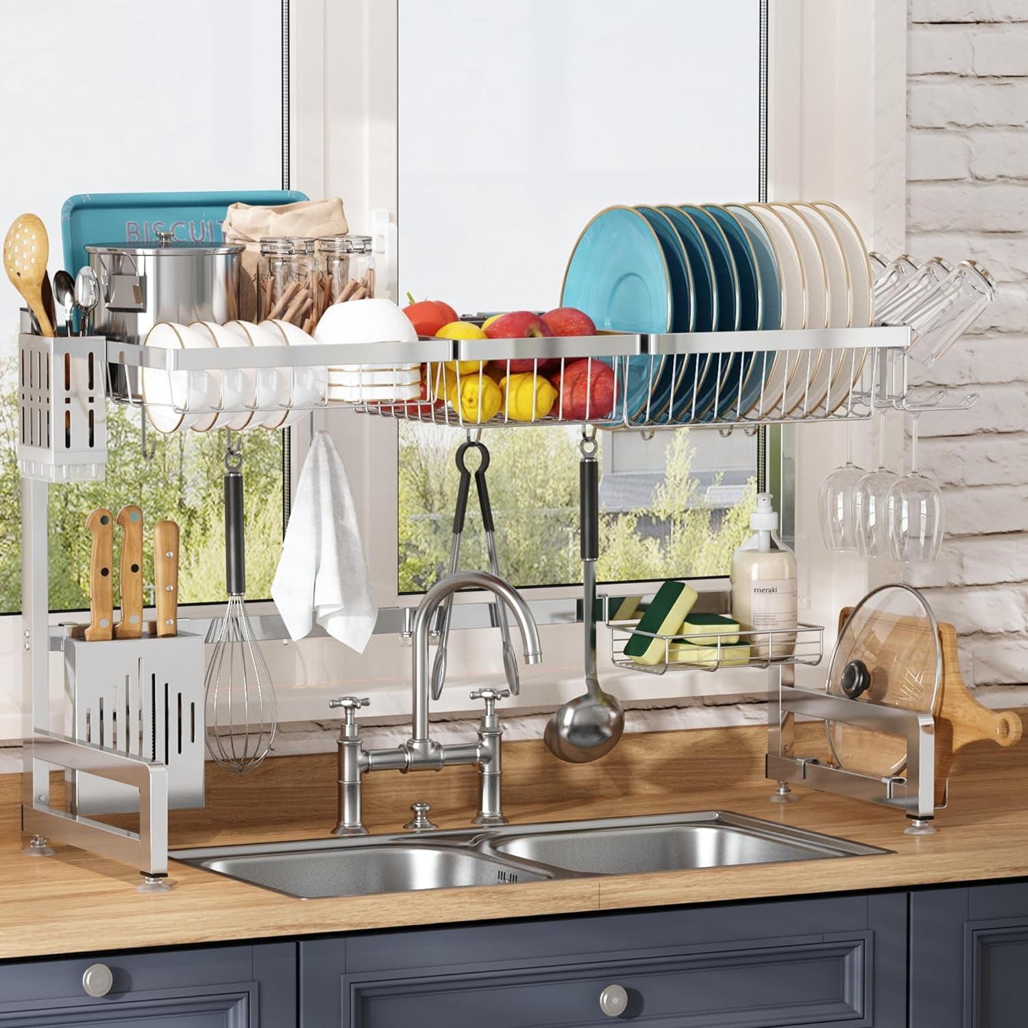 Adjustable Stainless Steel 2-Tier Over Sink Dish Drying Rack with Hooks