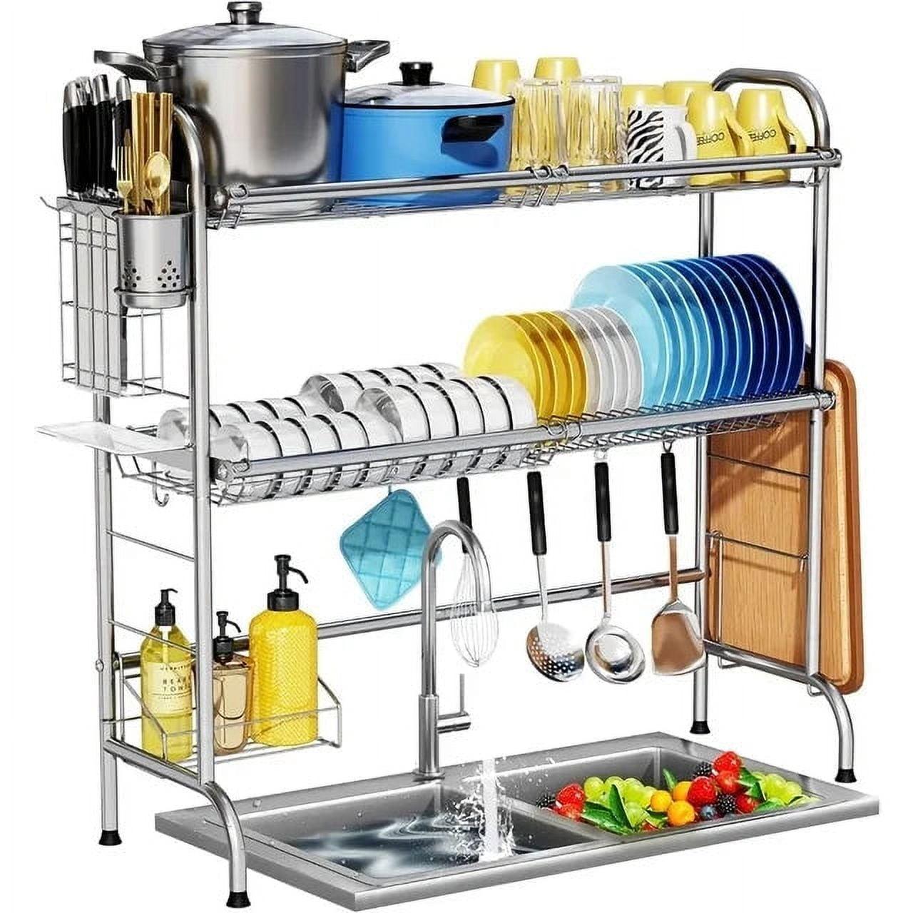 Silver 2-Tier Stainless Steel Over-the-Sink Dish Drying Rack with Utensil Holder