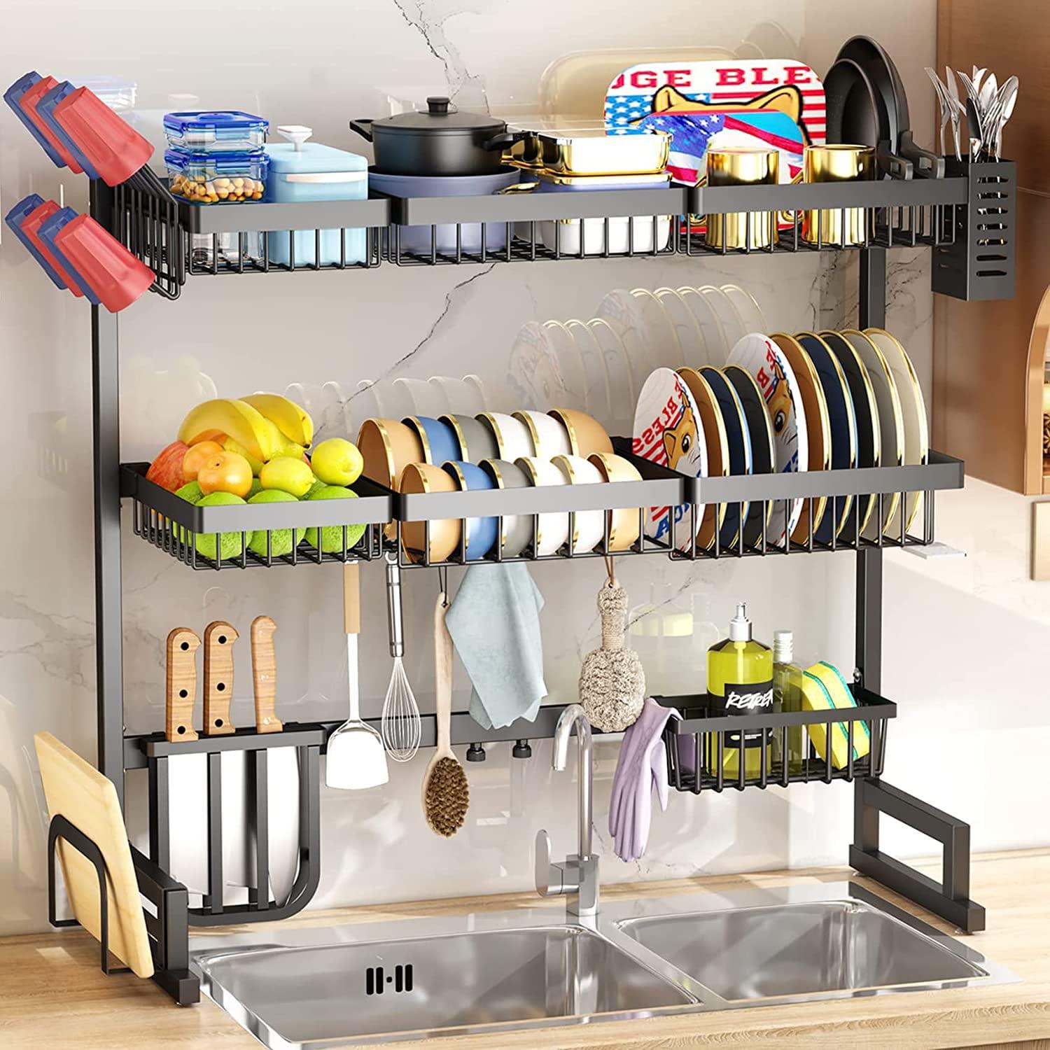 Black Adjustable 3-Tier Over Sink Dish Drying Rack with Accessories