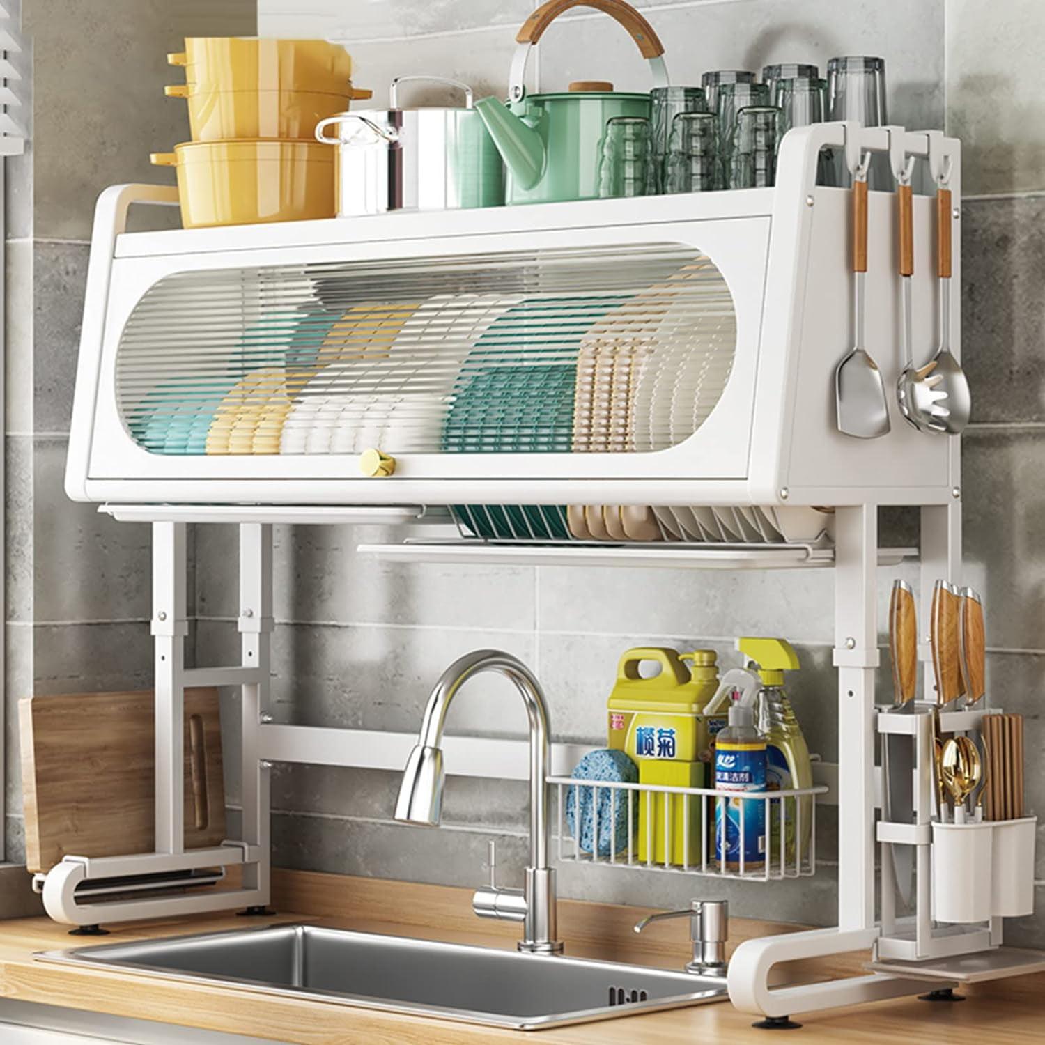 Adjustable White 3-Tier Over Sink Metal Dish Drying Rack