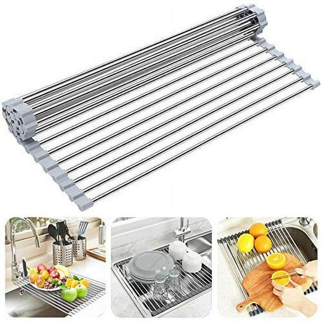 Over The Sink Dish Drying Rack, Searik Roll up Sink Dish Drainer Rack Multipurpose Foldable Kitchen Stainless Steel Dish Rack Sink Drying Rack (17.7” x 11.8”)