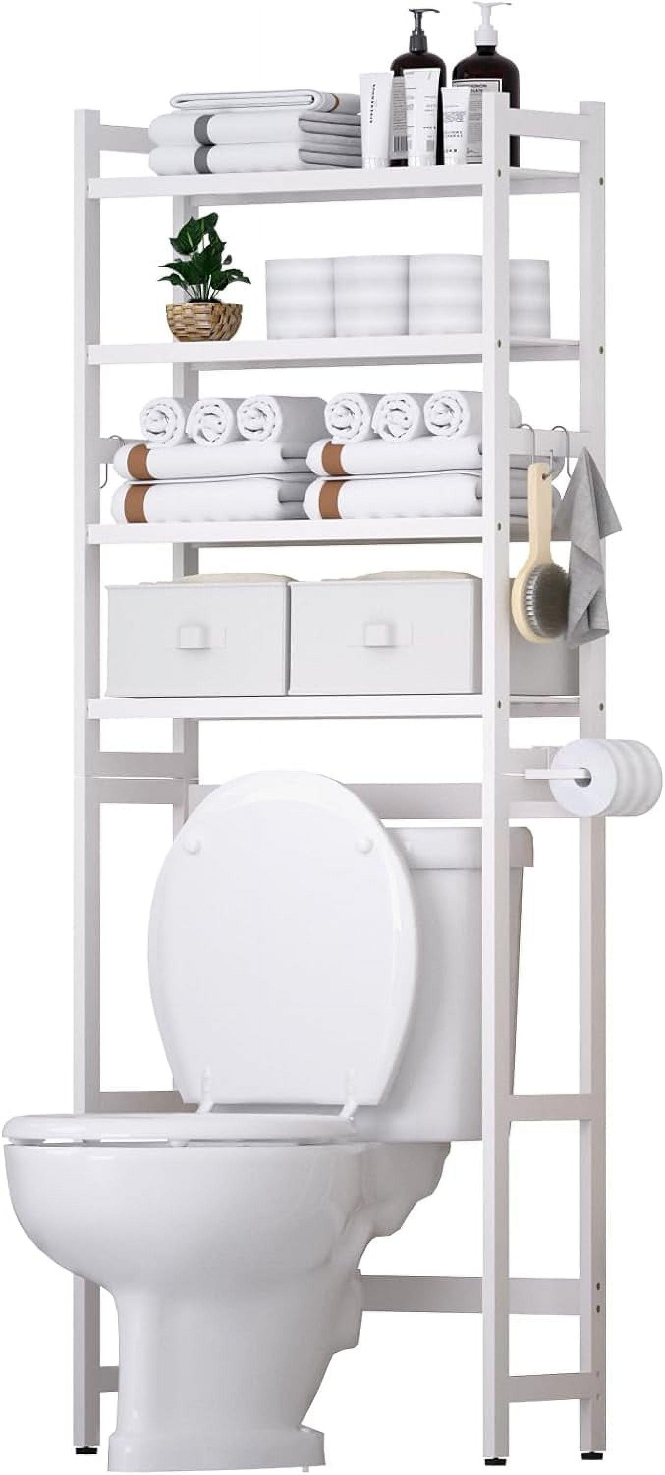 Over The Toilet Storage with 2 Baskets,4-Tier Bamboo Over Toilet Organizer Rack with Paper Holder & 4 Hooks & Waterproof Feet Pad,Freestanding Above Toilet Shelf for Bathroom(White)