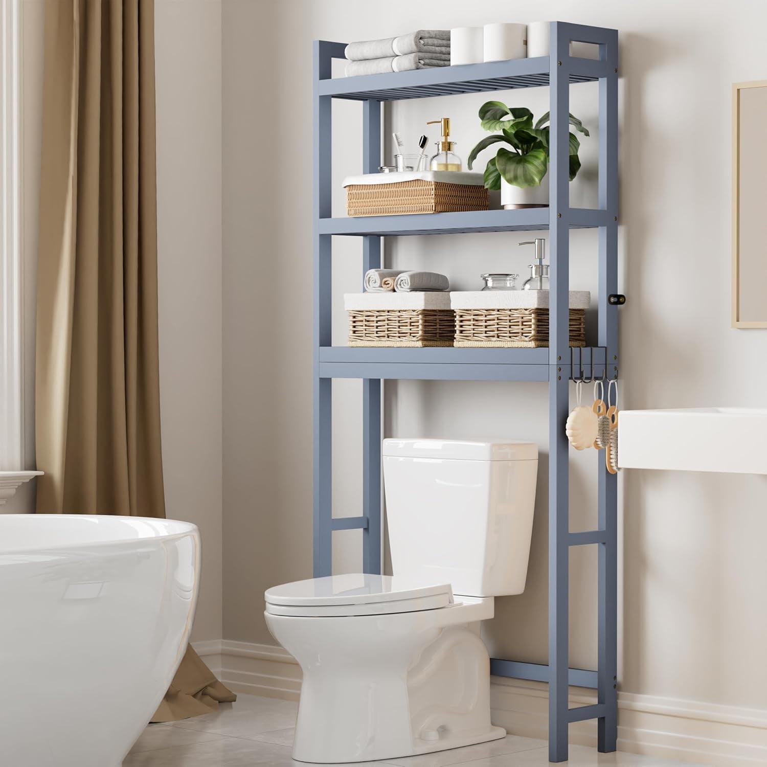 SONGMICS 3-Tier Over The Toilet Storage Bamboo Over Toilet Bathroom Organizer with Adjustable Shelf Grey