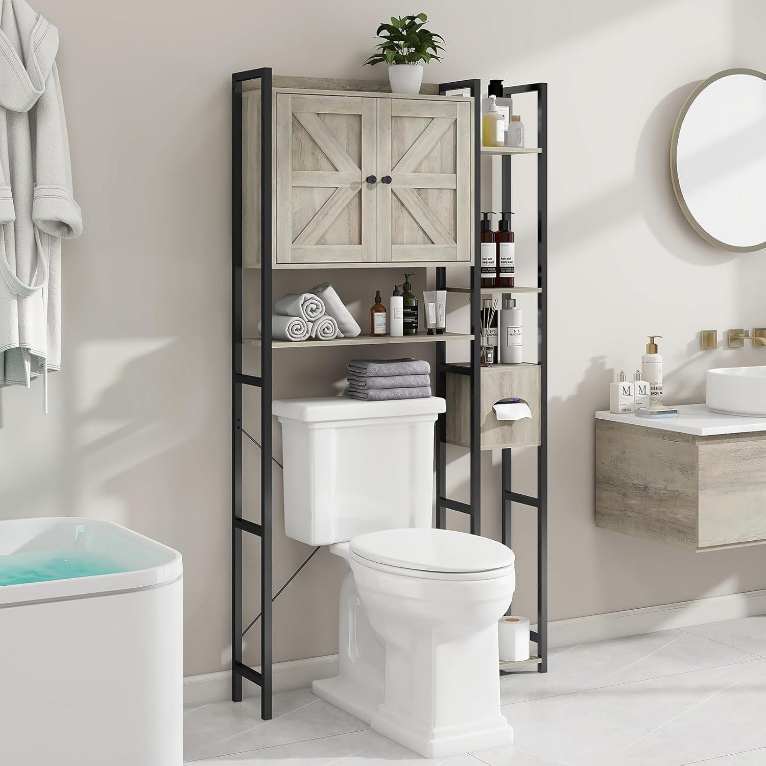 Gray Over-The-Toilet Storage Cabinet with Dual Doors and Shelves