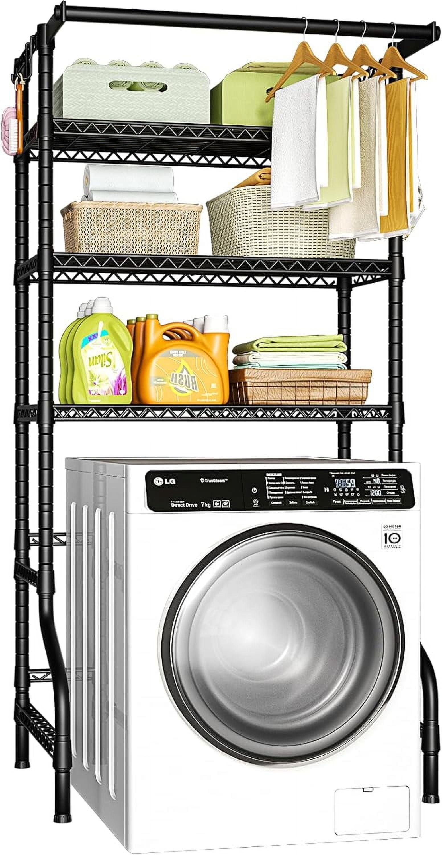 Mini Over Washer and Dryer Shelves, 3 Tiers Laundry Room Storage and Organizer Standing Shelf, Metal Freestanding Clothes Drying Rack, 28.3”W x 19.7”D x 77.6”H, Black