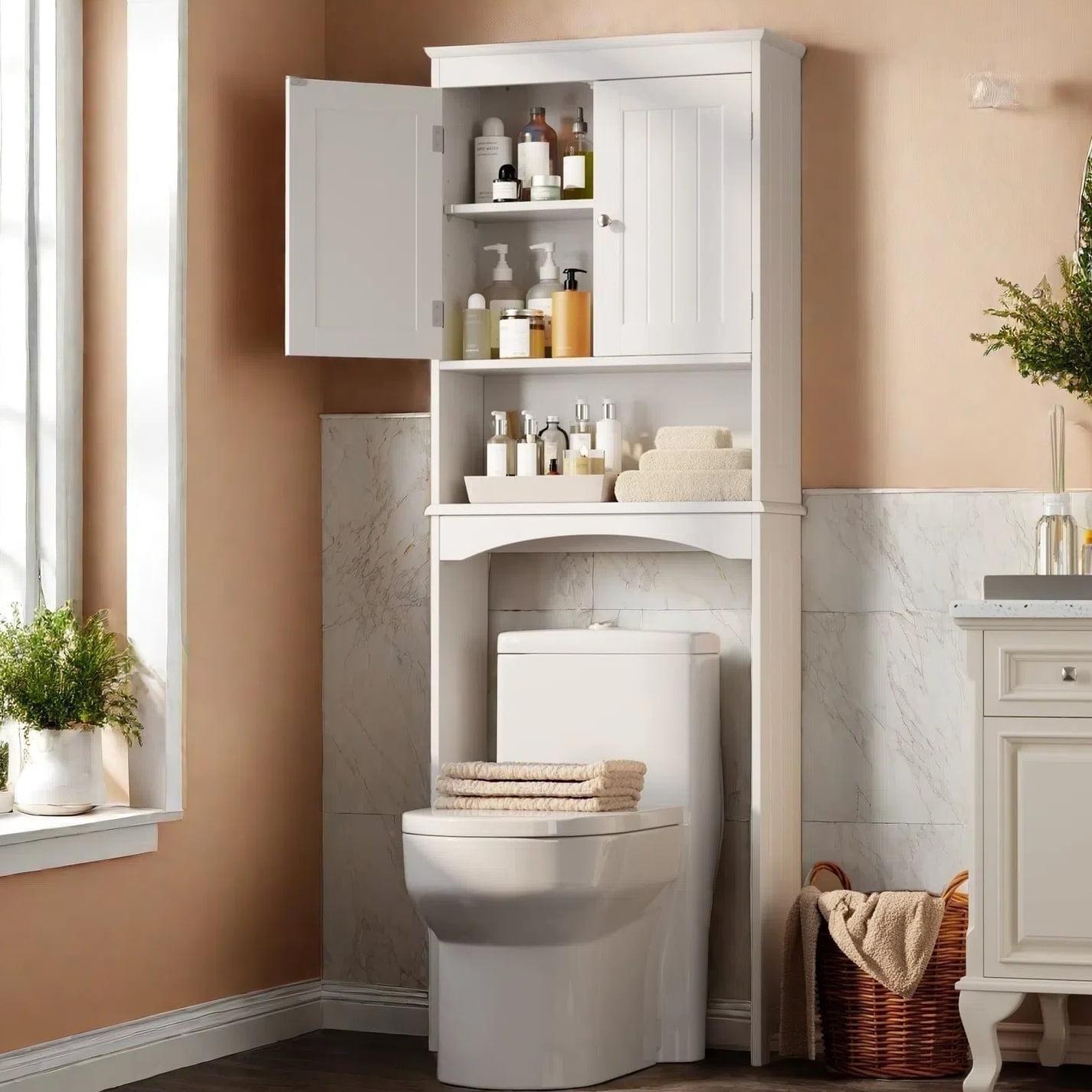 Aiho 66.1" over the Toilet Storage Cabinet with Adjustable Shelf and Open Storage Shelf, Freestanding - White