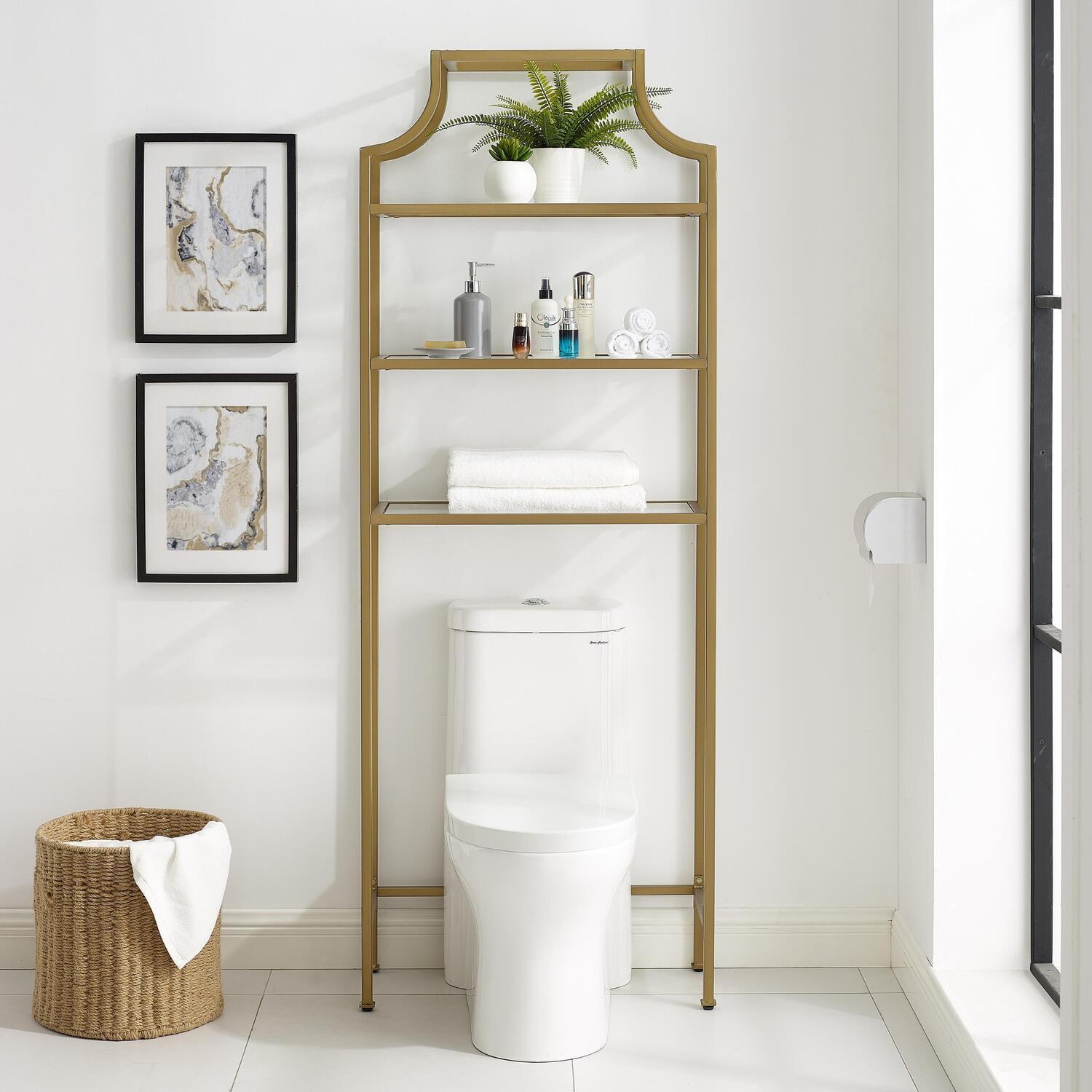 Soft Gold Pagoda-Inspired Over-the-Toilet Storage with Tempered Glass Shelves