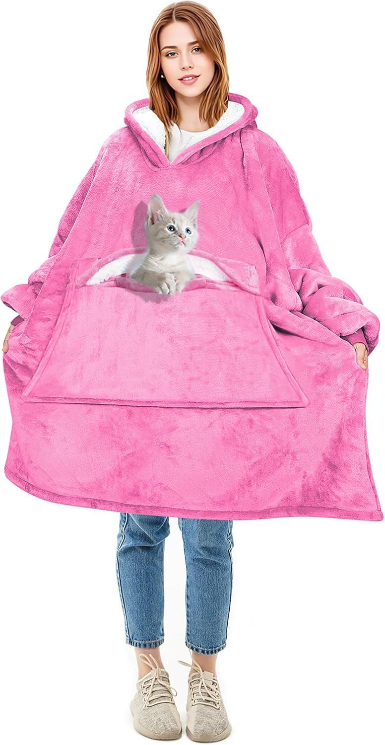 Solaris Women Flannel Blanket Hoodie Oversized Sweatshirt, Wearable Fleece Blanket Woman, Christmas Gift for Her, Hot Pink