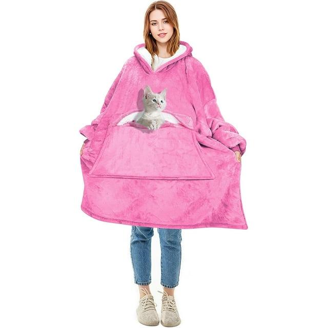 Solaris Women Flannel Blanket Hoodie Oversized Sweatshirt, Wearable Fleece Blanket Woman, Christmas Gift for Her, Hot Pink