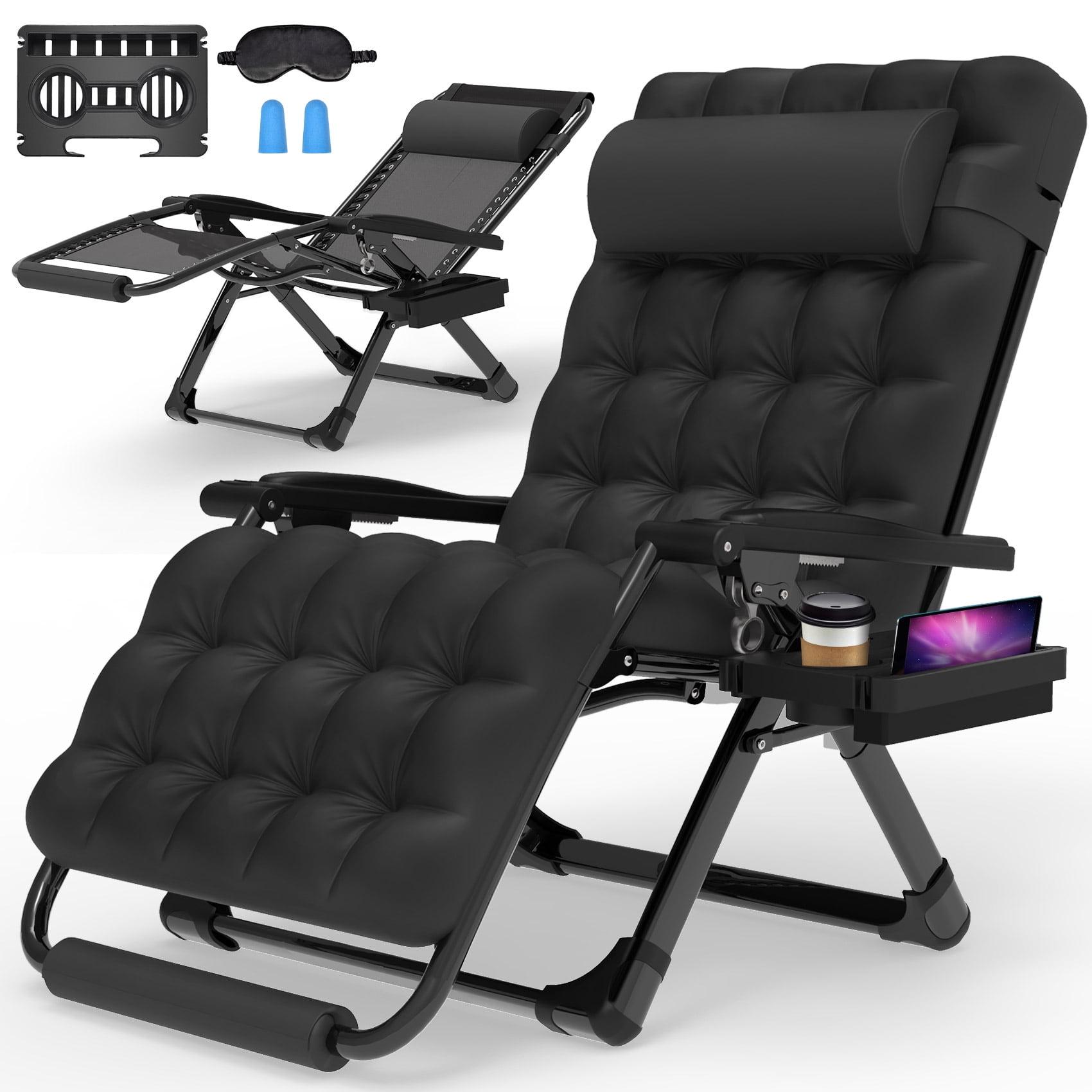 Black Oversized Zero Gravity Lounger with Cushions and Cup Holder