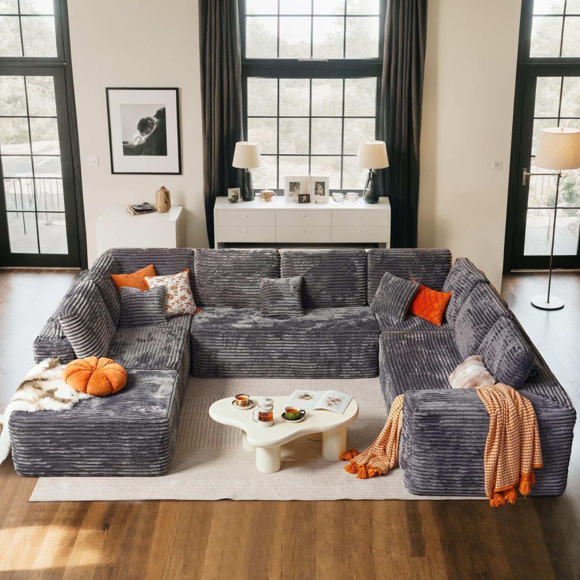 Ovios 135" U-Shape Modular Sectional Sofa Extra Large Plush Corduroy Couch with Ottoman Deep Seat Cloud Sofa Bed for Living Room, Gray, No Assembly Needed