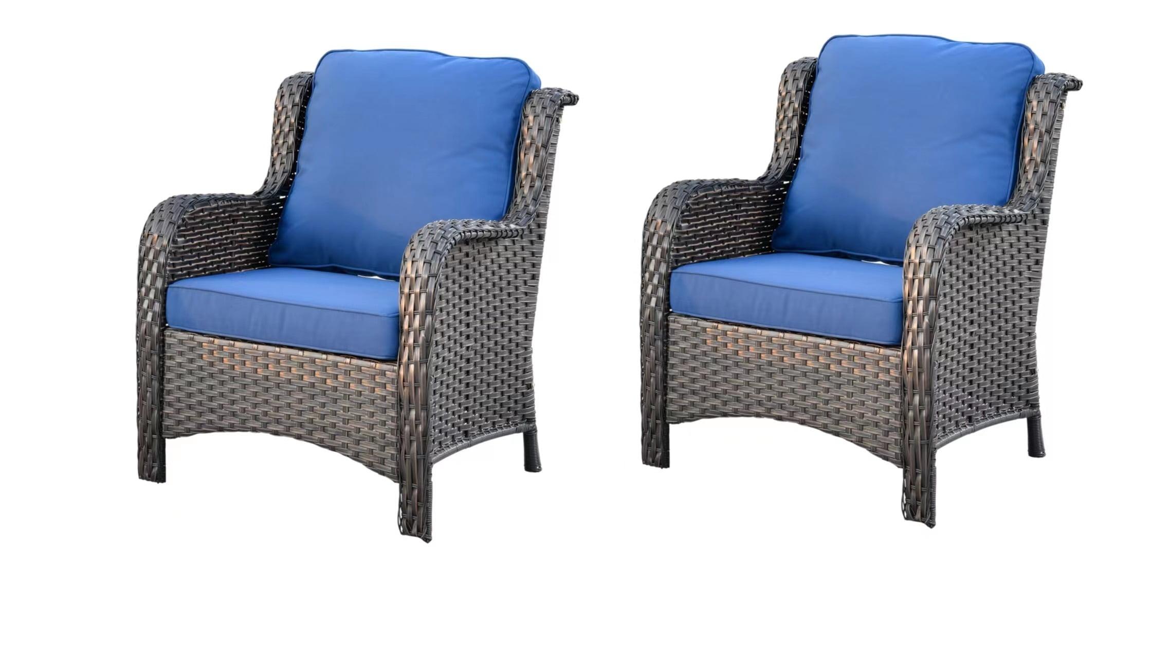 Brown Wicker Patio Chairs with Blue Cushions, Set of 2