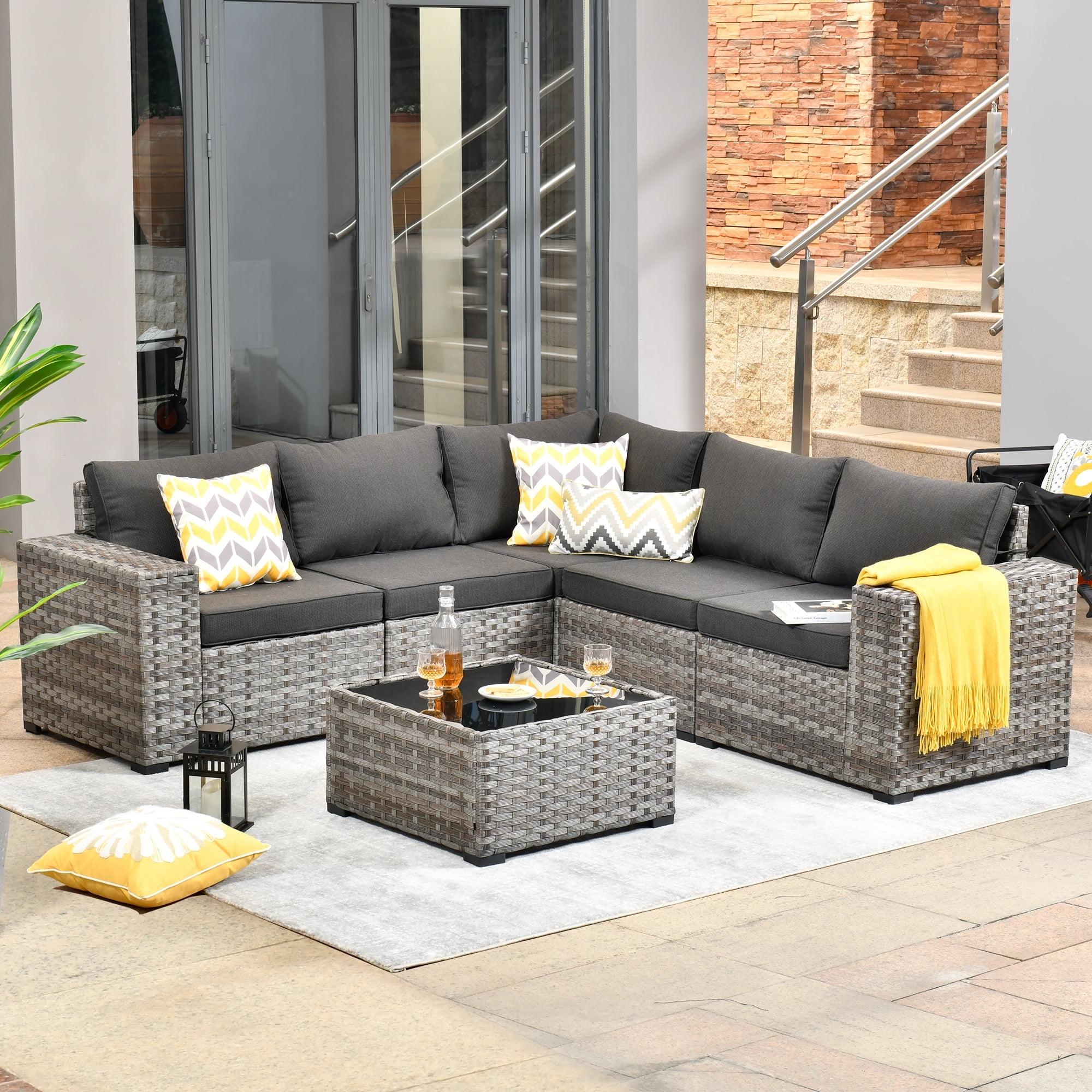 Ovios 5-Person Black and Light Grey Wicker Outdoor Sectional Sofa Set