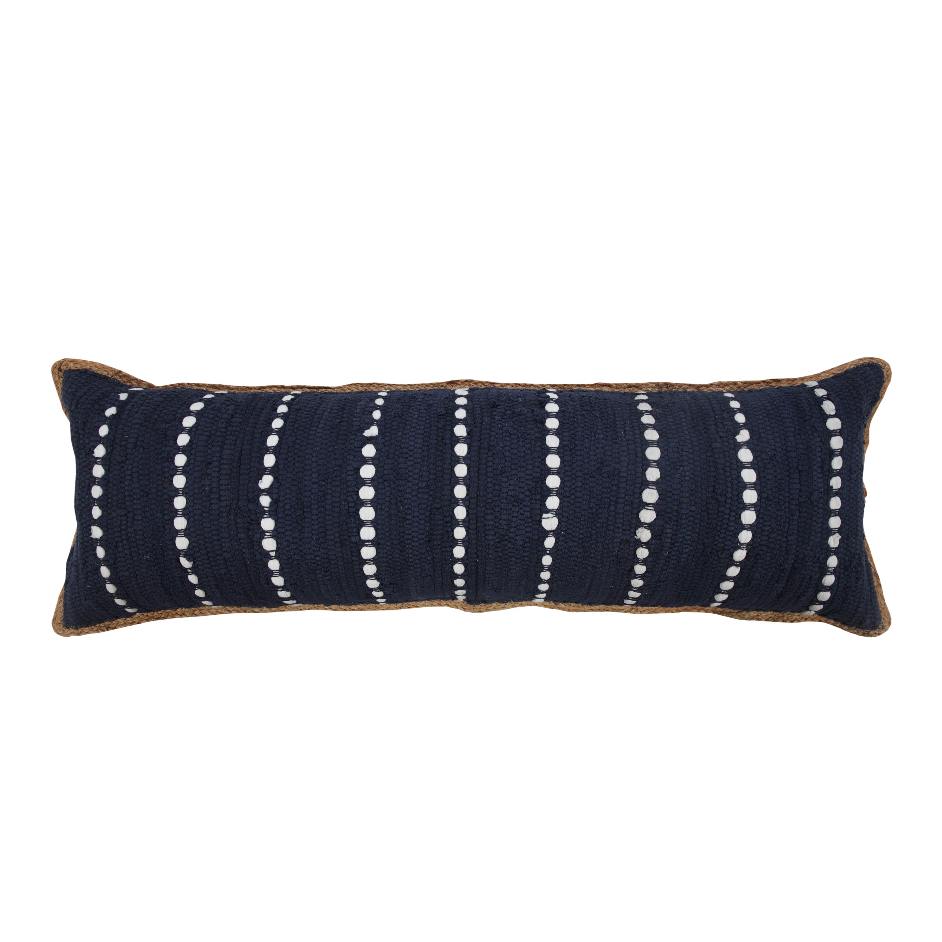 Ox Bay 14" x 36" Hand-Woven Blue/ White Bordered Cotton Blend Pillow Cover