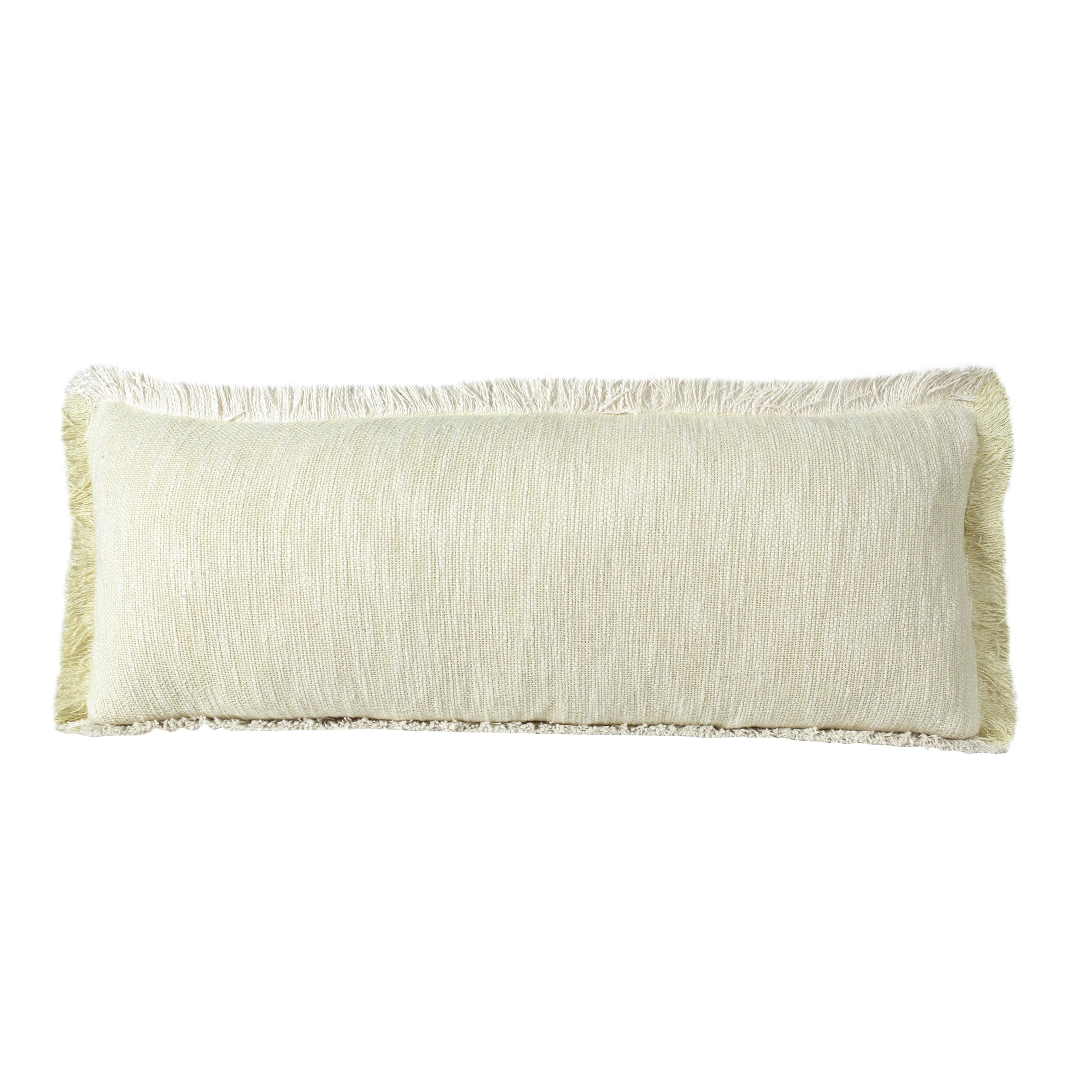 Yellow and White Cotton Rectangular Lumbar Throw Pillow with Fringe