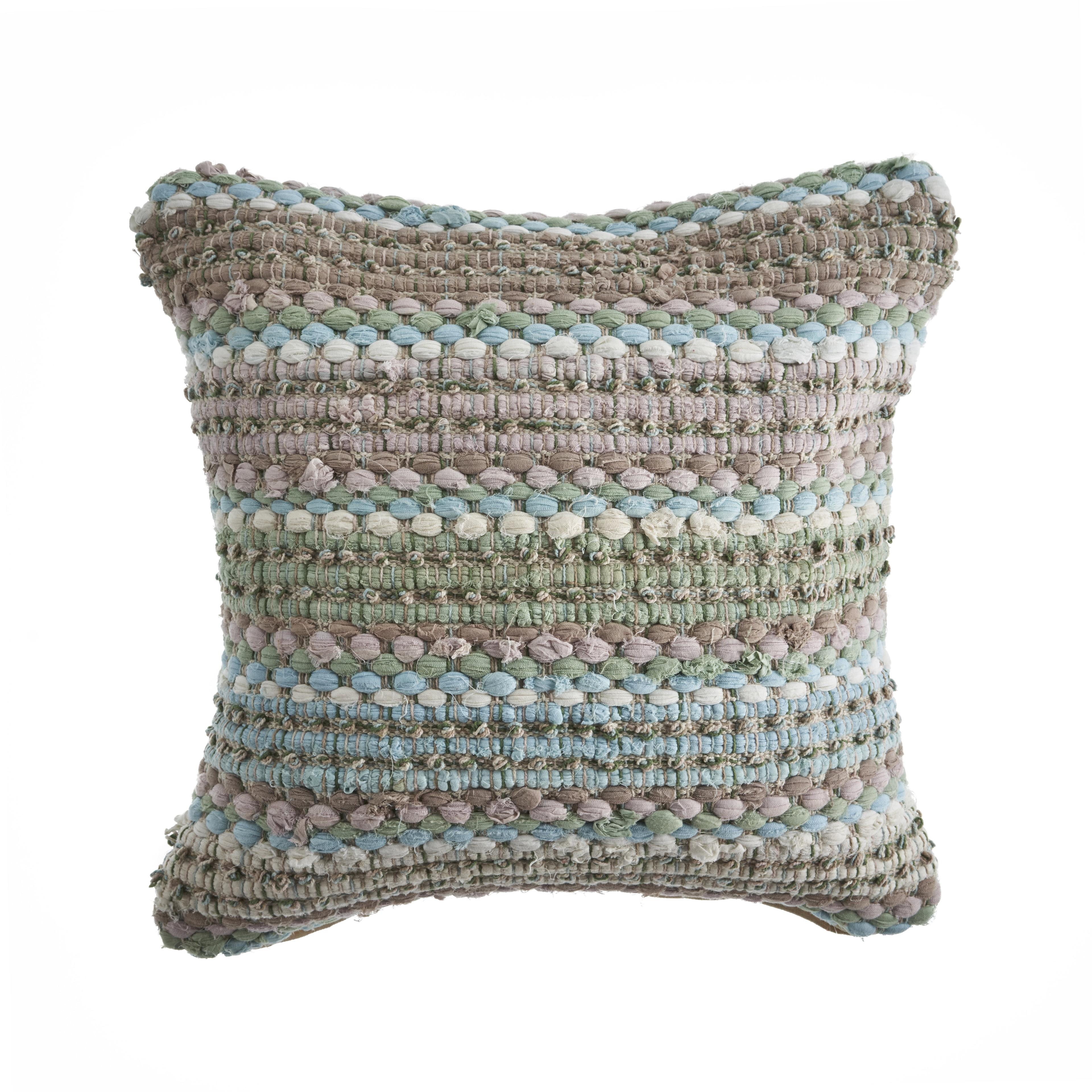 Hand-Woven Green and Blue Striped Cotton Blend Pillow Cover