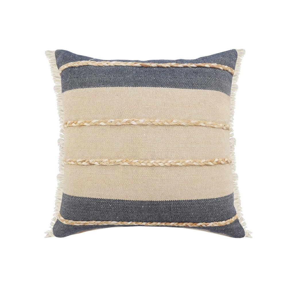 Blue and Tan Striped Cotton Throw Pillow with Fringe, 20"