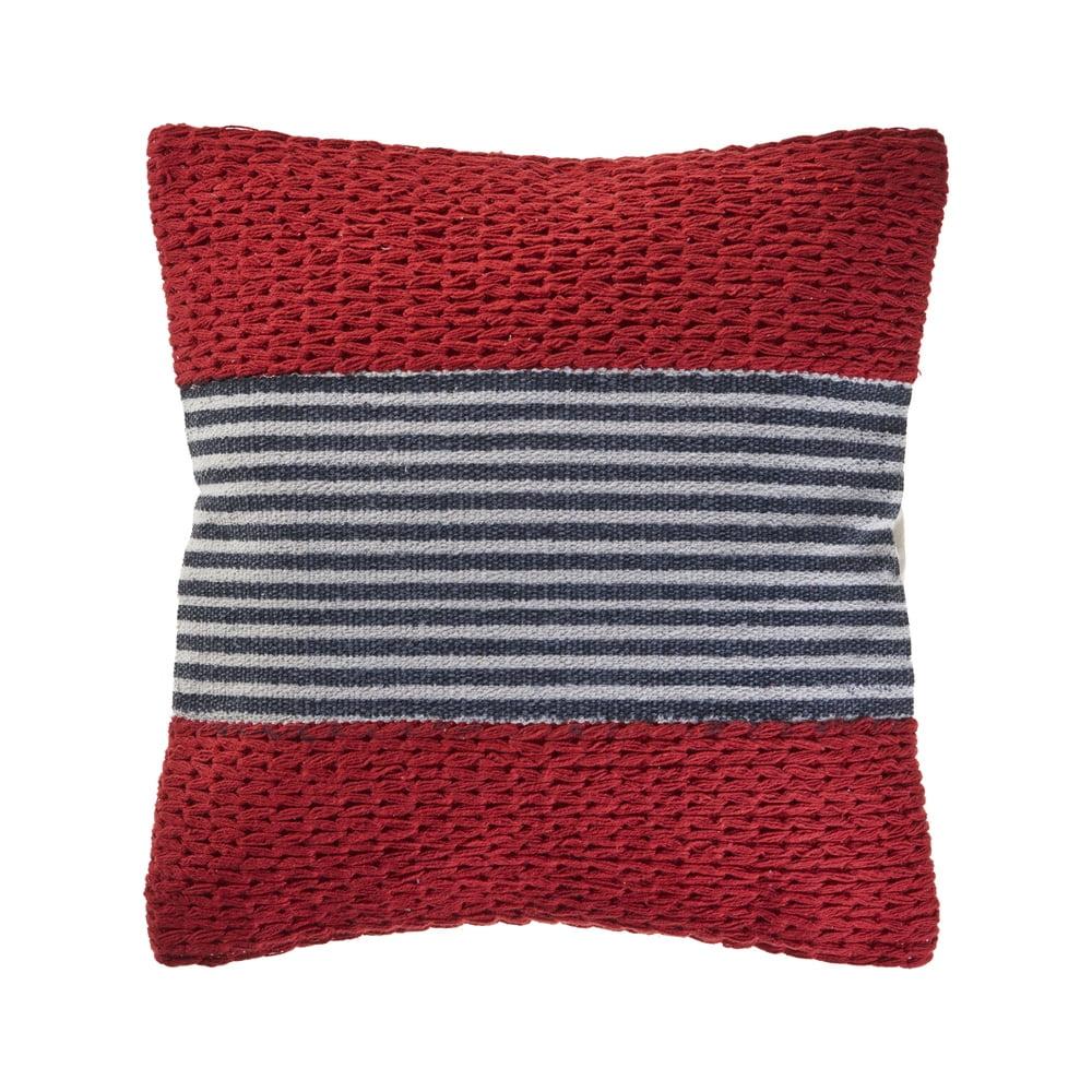 Hand-Woven Red and Blue Striped Cotton Blend Pillow Cover