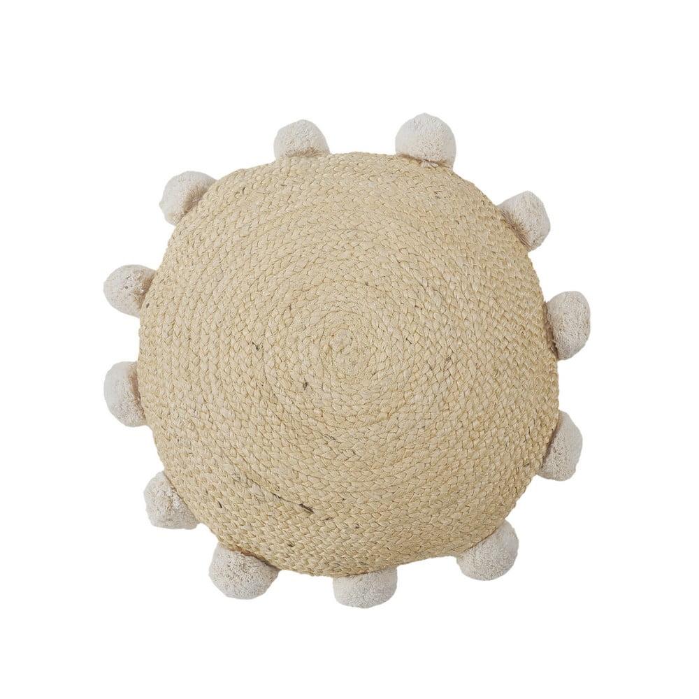 Hand-Woven Tan Organic Jute Round Throw Pillow with Pom Poms