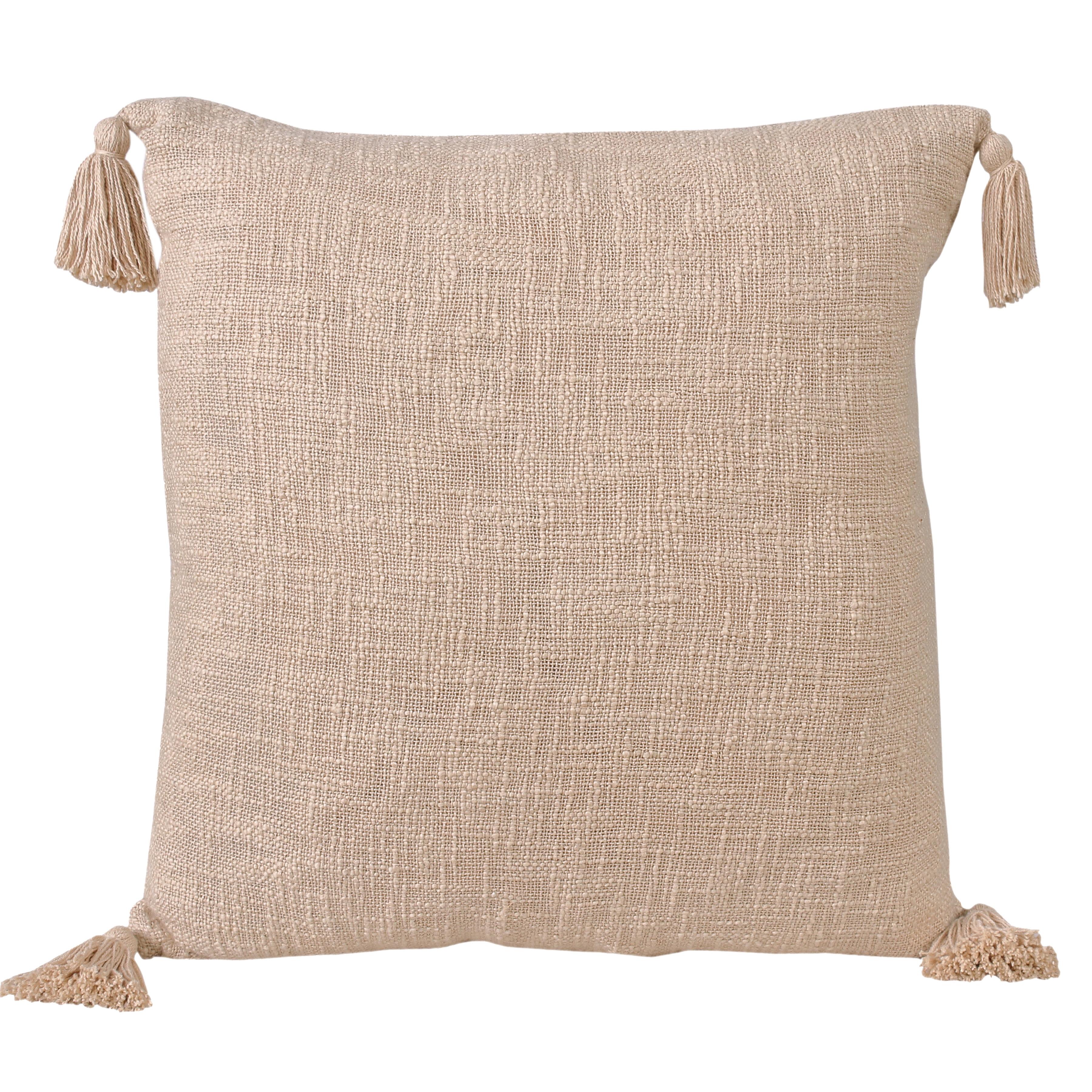 Ox Bay 20" Beige Textured Cotton Square Throw Pillow with Tassels