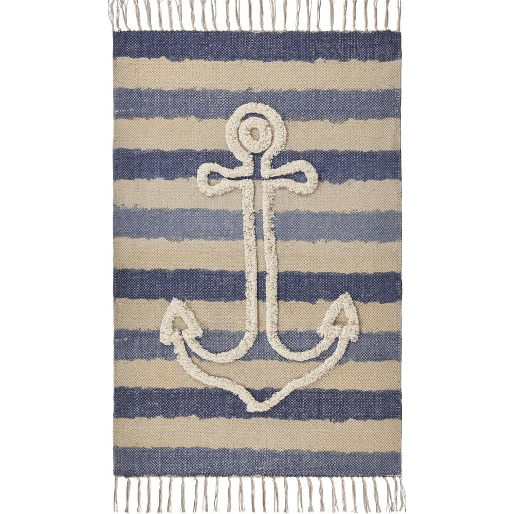 Ox Bay Anchor Navy Blue Striped 2 ft. 6 in. x 3 ft. 9 in. Nautical Tufted Scatter Accent Rug